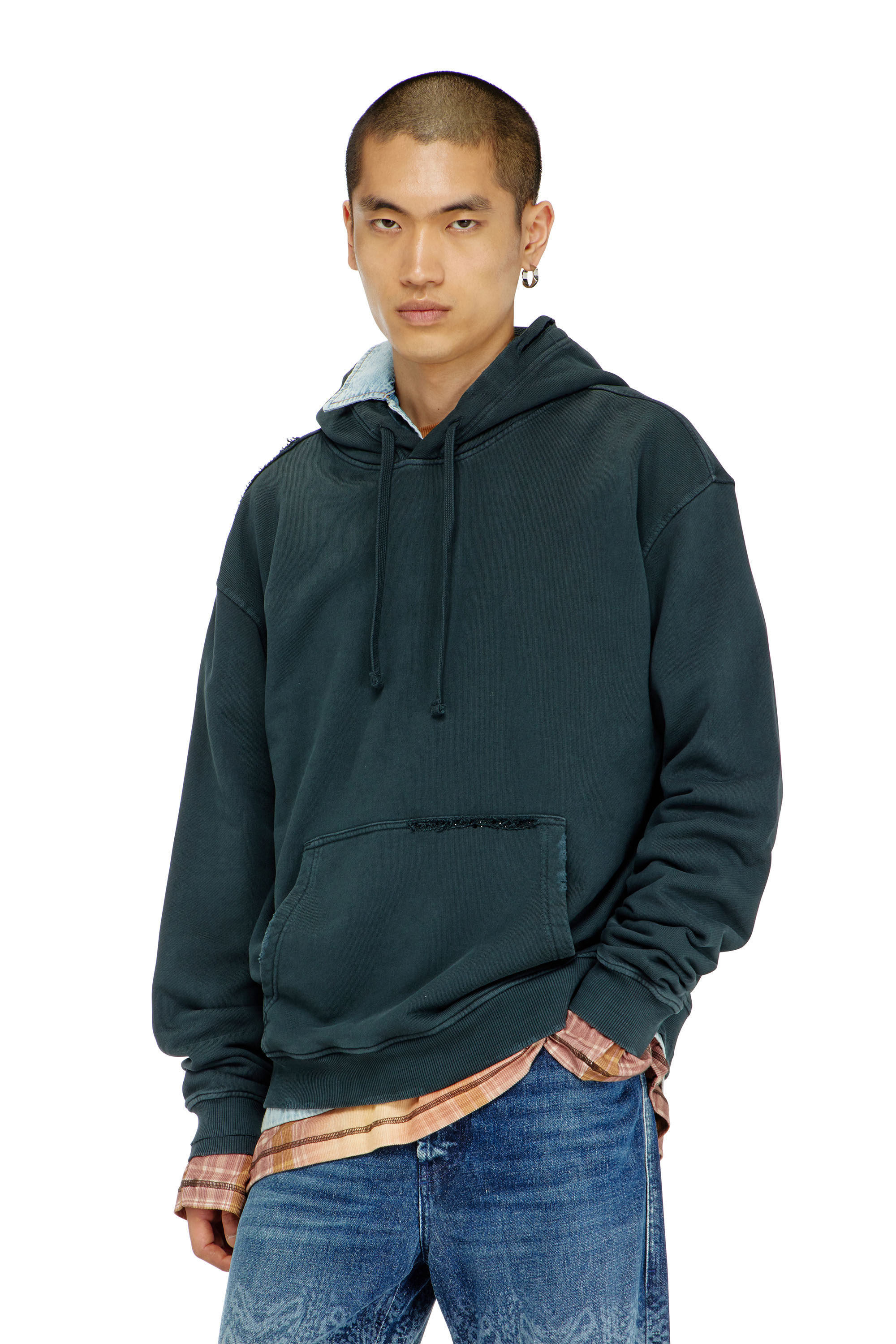 Diesel - S-NORM-HOOD-CRYSTALS, Man's Hoodie with rips and crystal details in Dark Green - 2