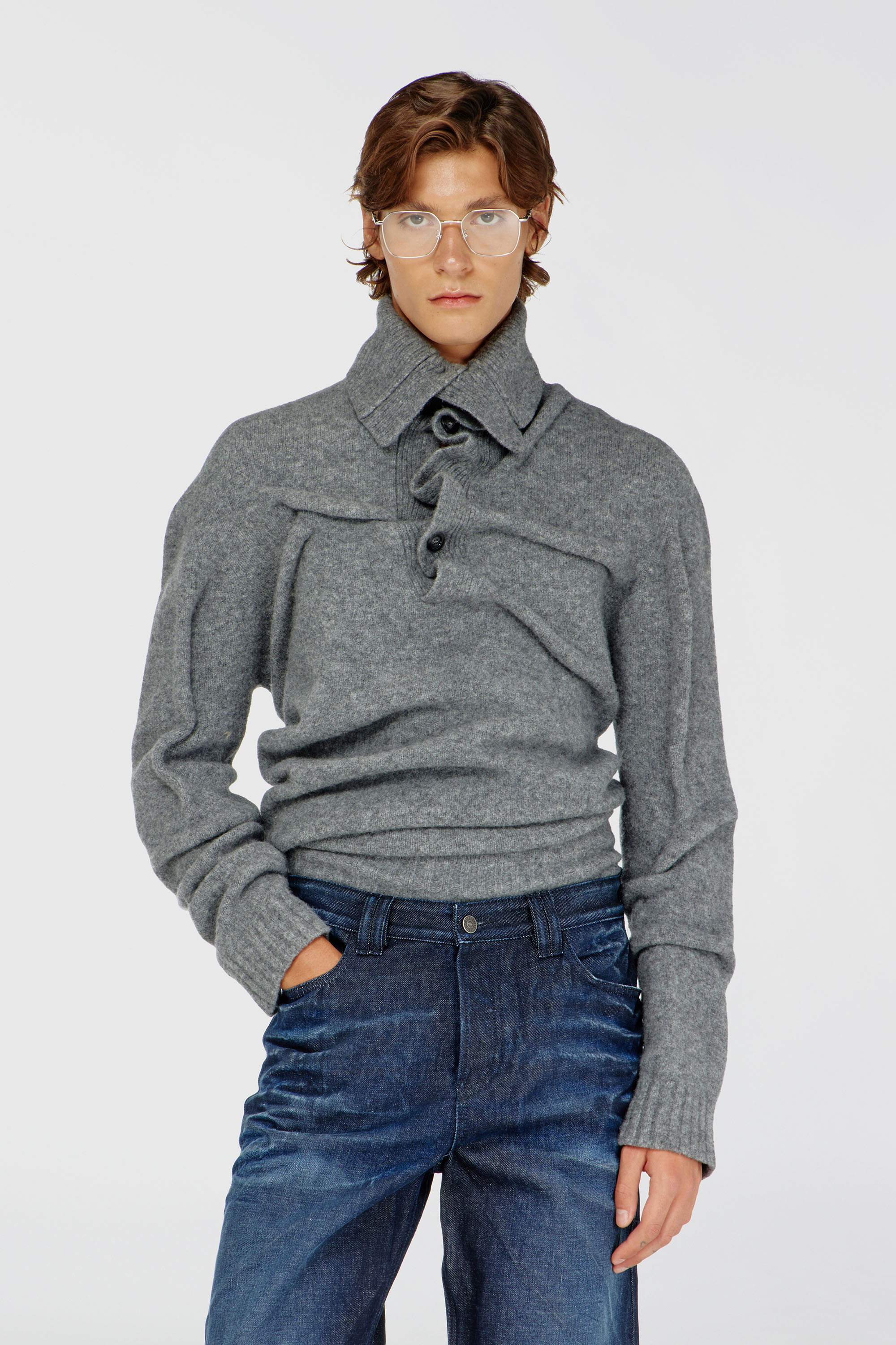 Diesel - K-ANDREW, Man's Button-neck jumper in wrinkled boiled knit in Grey - 1