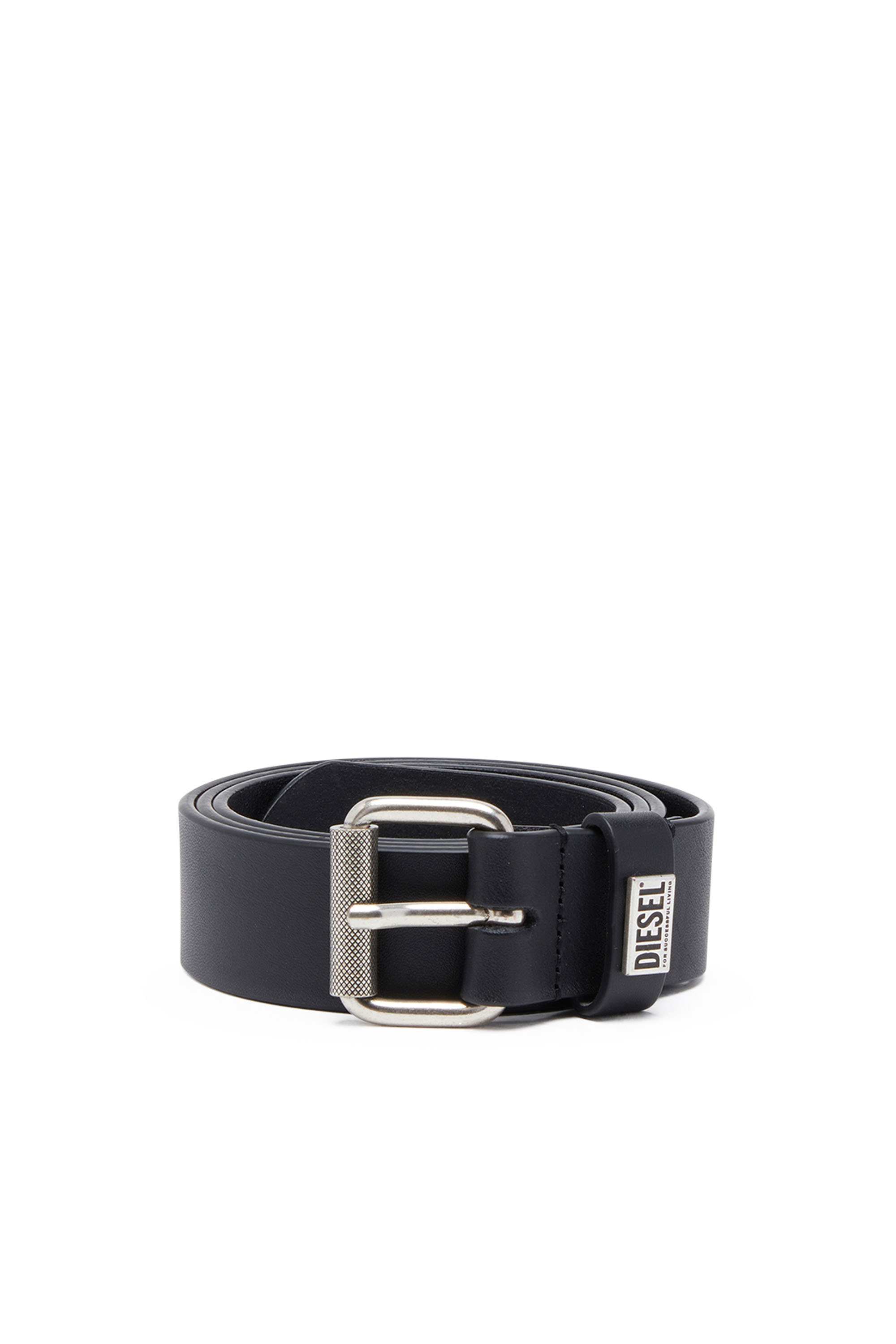 Diesel - B-BISCOTTO-LOOP, Man's 3.5cm leather belt with logo plaque in Black - 1