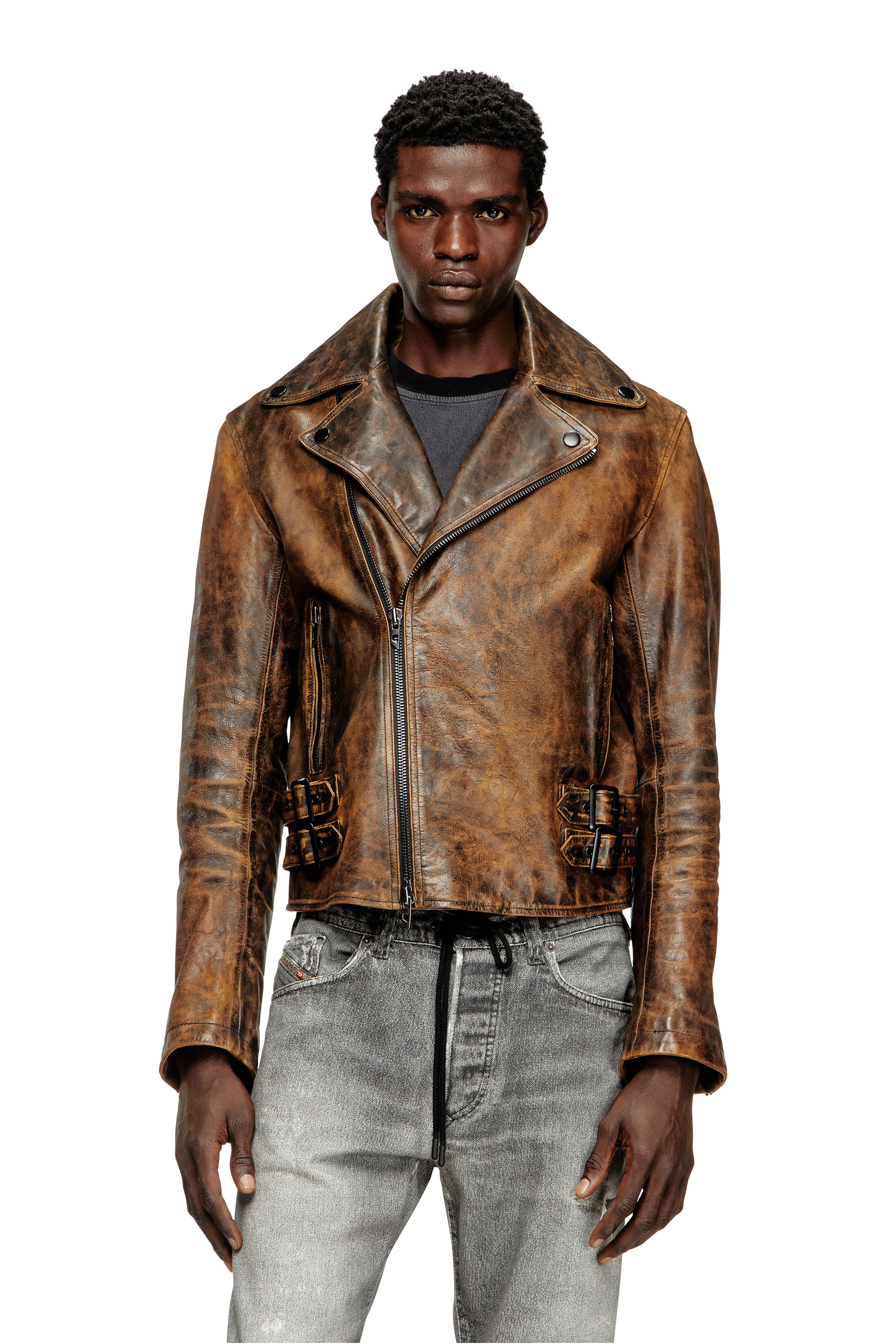Diesel - L-EON, Man's Biker jacket in treated leather in Brown - 1