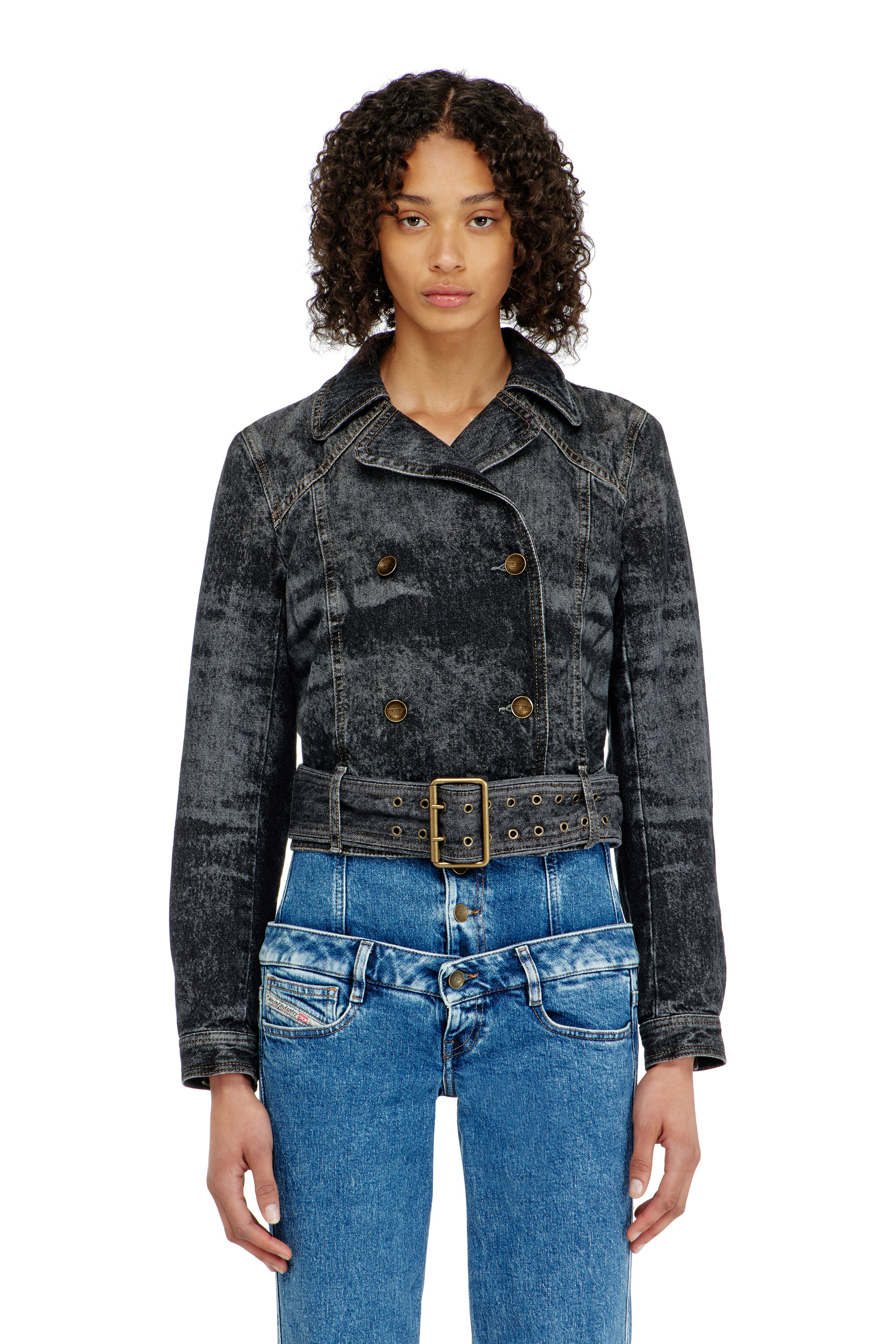 Diesel - DE-LEGEND-S, Woman's Cropped denim jacket with belt in Black/Dark grey - 1
