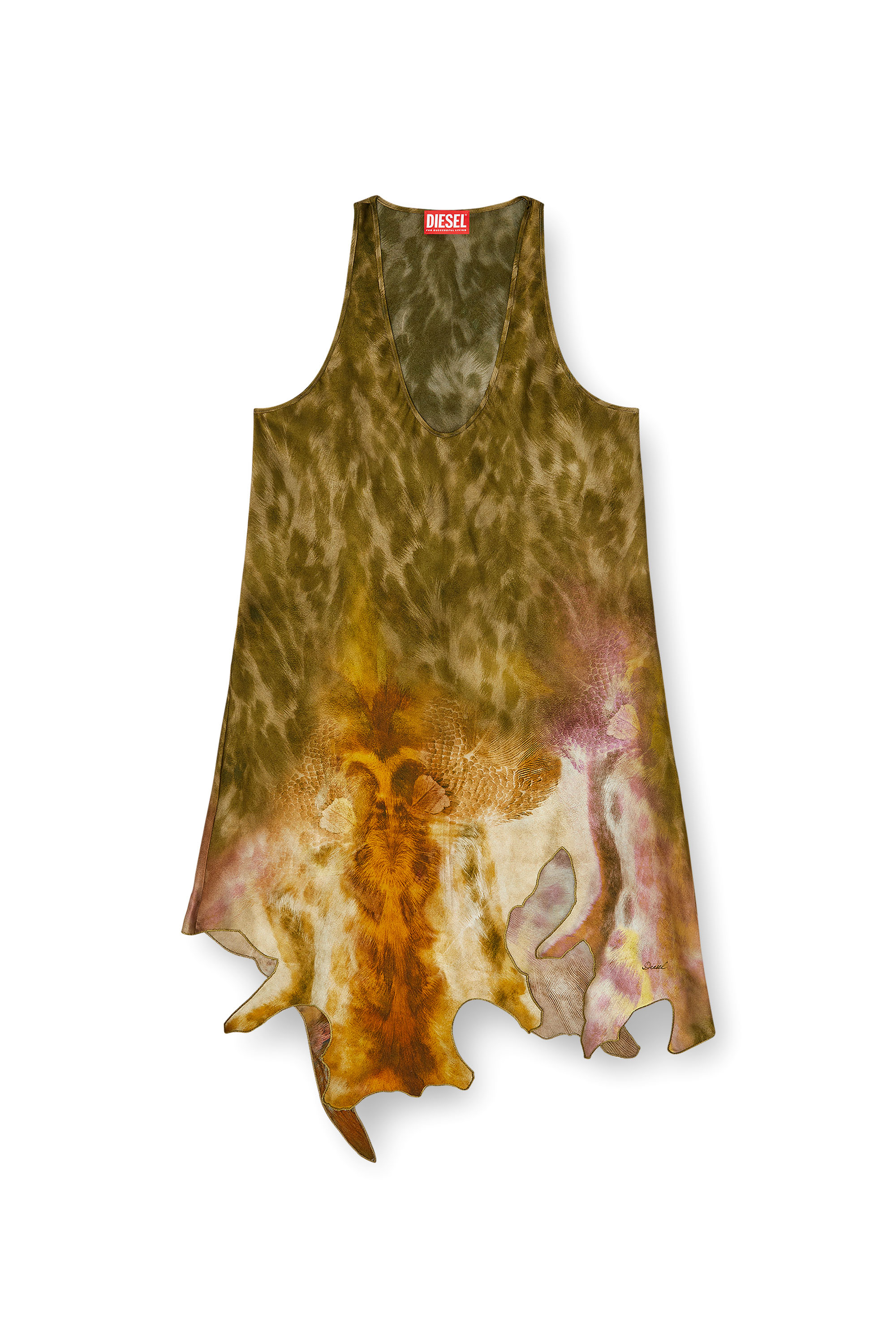 Diesel - D-AHIUL, Woman's Short satin dress with hide-effect hem in Brown/Green - 1