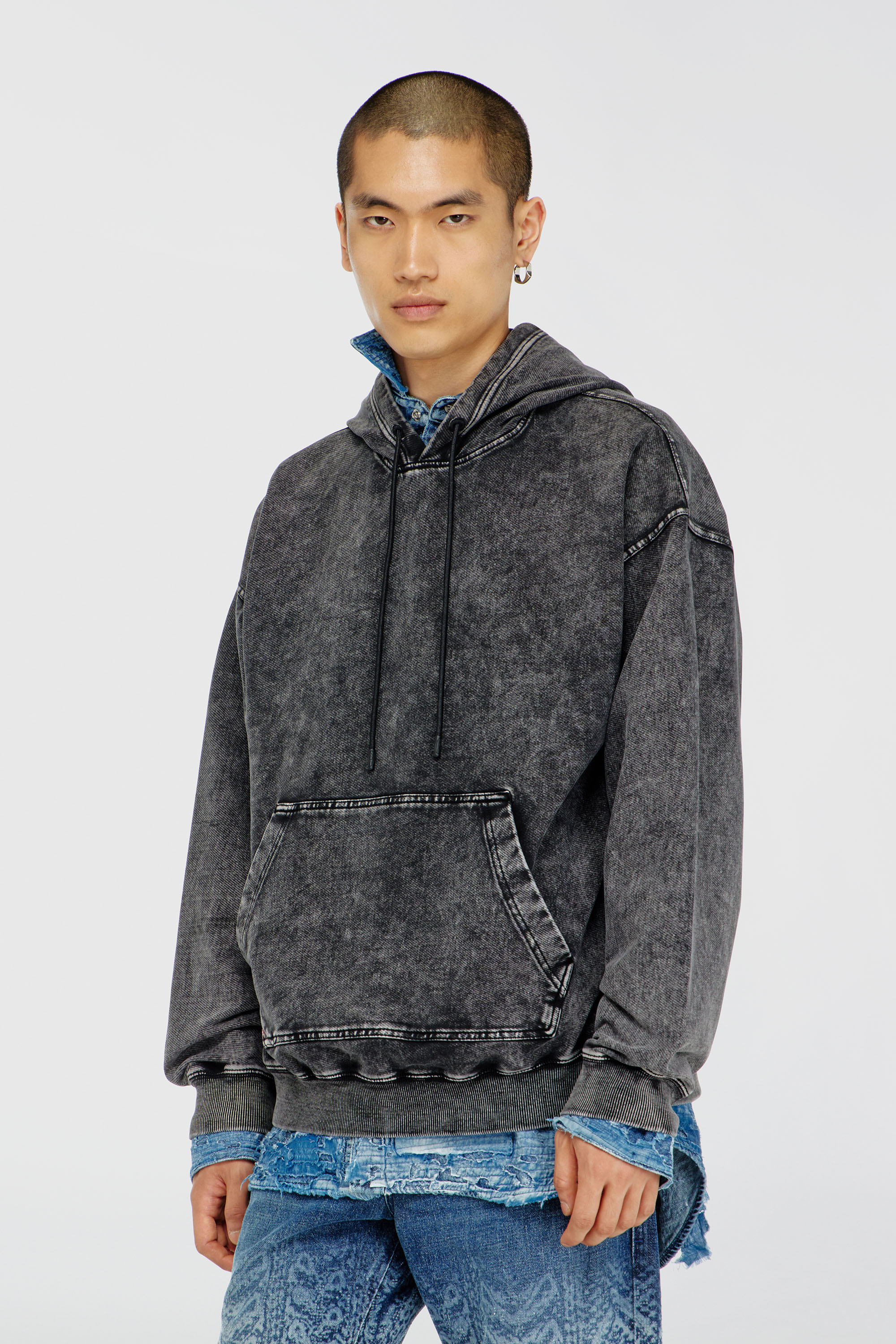 Diesel - S-BOXT-HOOD-TUK, Man's Treated denim-effect hoodie in Dark grey - 3