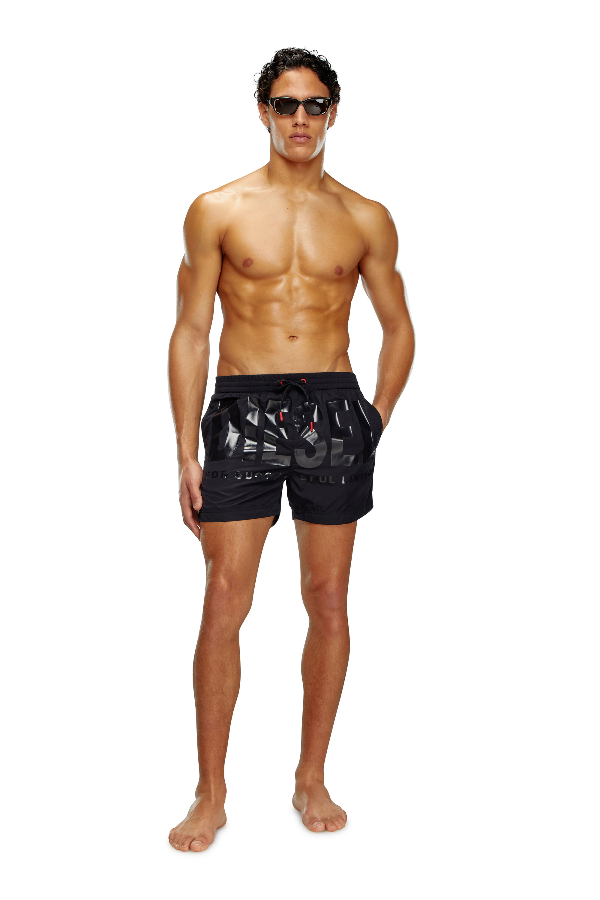 Diesel - BMBX-KEN-37, Man Mid-length swim shorts with tonal logo in Black - Image 1