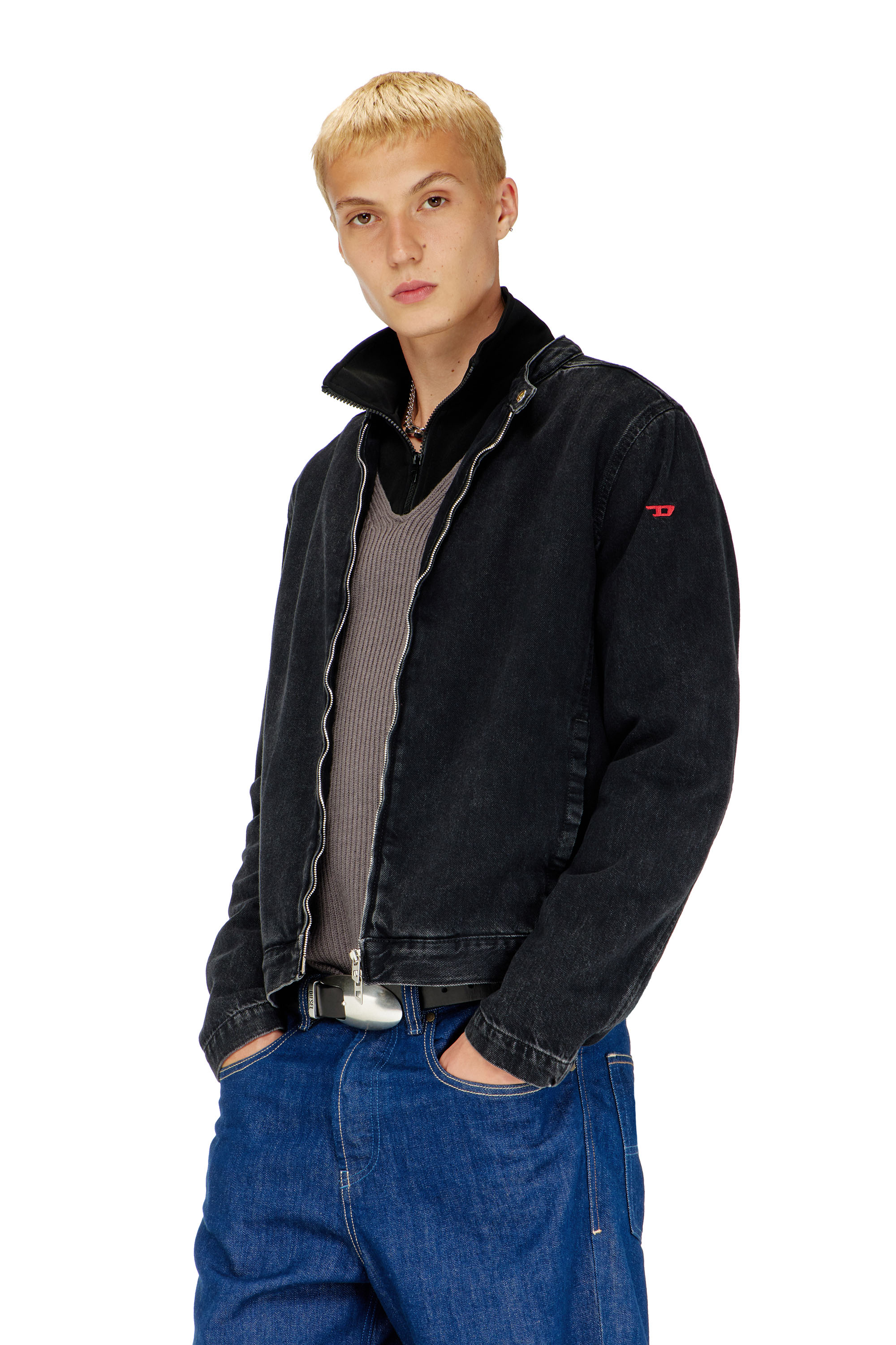 Diesel - D-GLORY, Man's Moto jacket in clean-wash denim in Black - 3