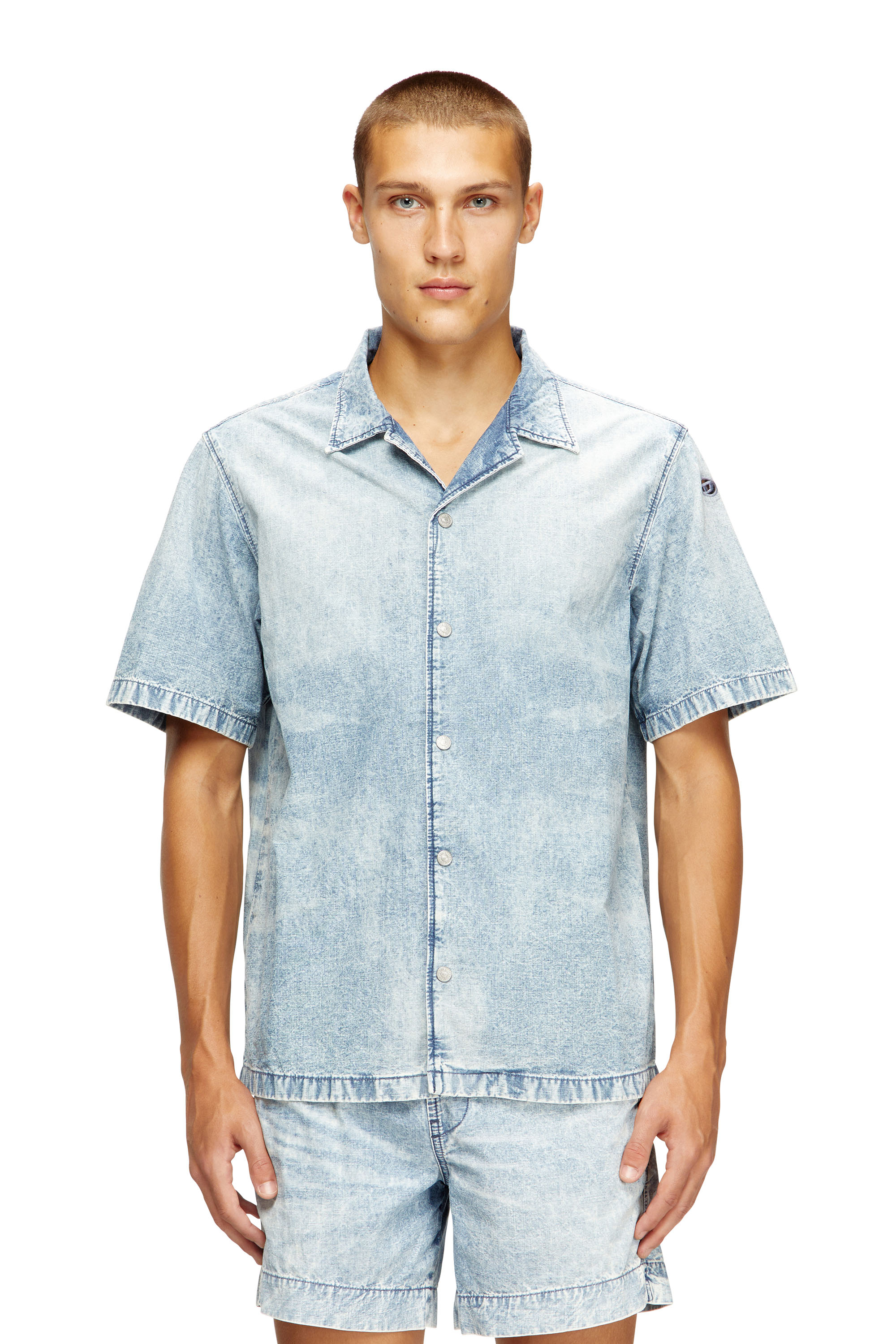Diesel - D-NABIL-S4, Man's Bowling shirt in marbled denim in null - 1