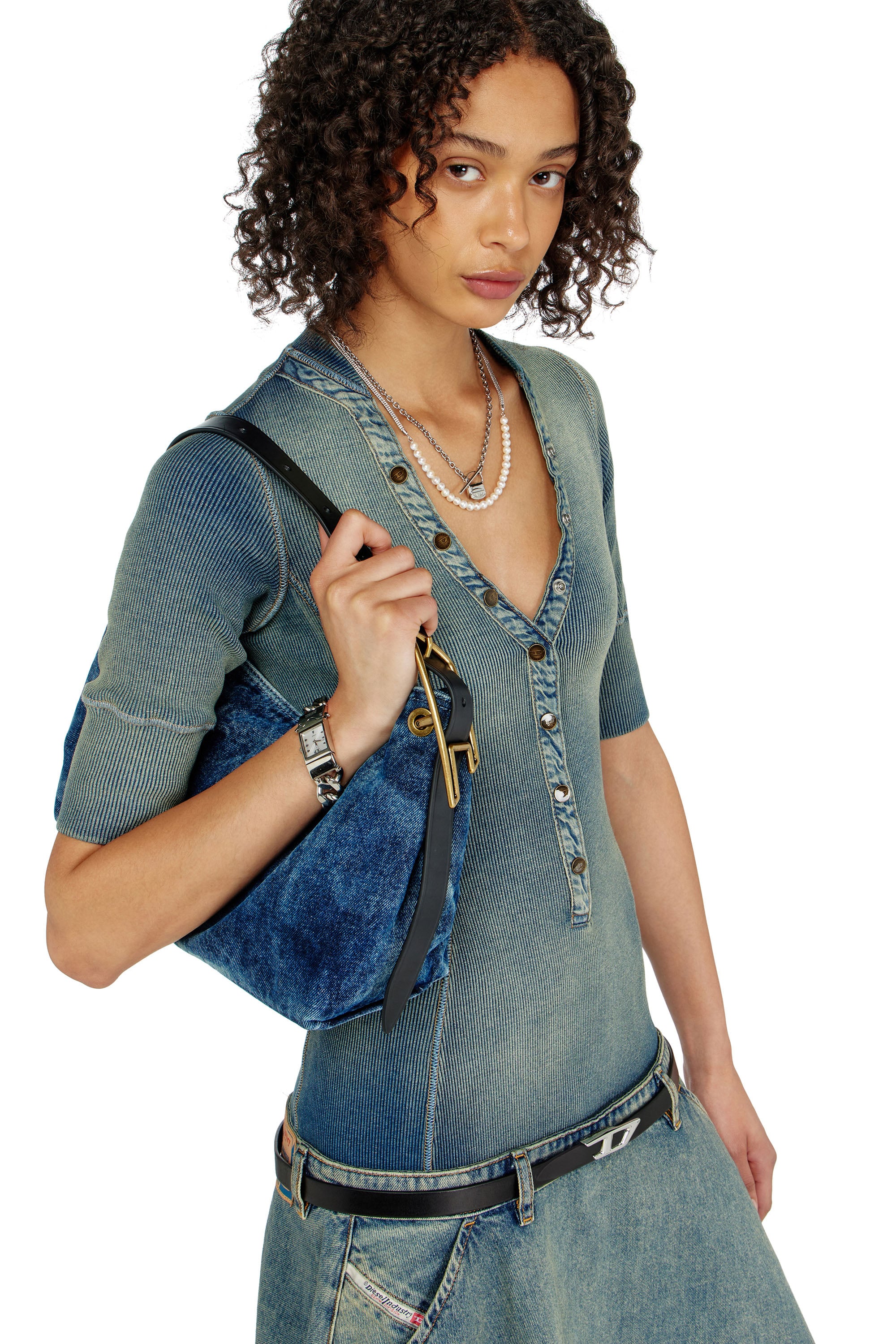 Diesel - DE-ANIM-S, Woman's Drop-waist midi dress in knit and denim in Medium blue - 4