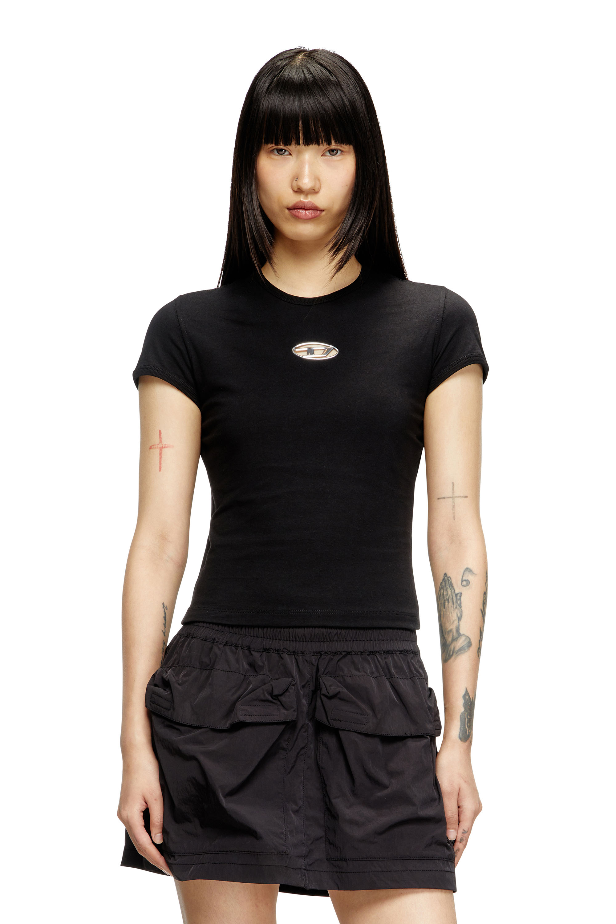 Diesel - T-UNCUTIE-LONG-OD-Q1, Woman's Slim fit T-shirt with cut-out Oval D in Black - 1