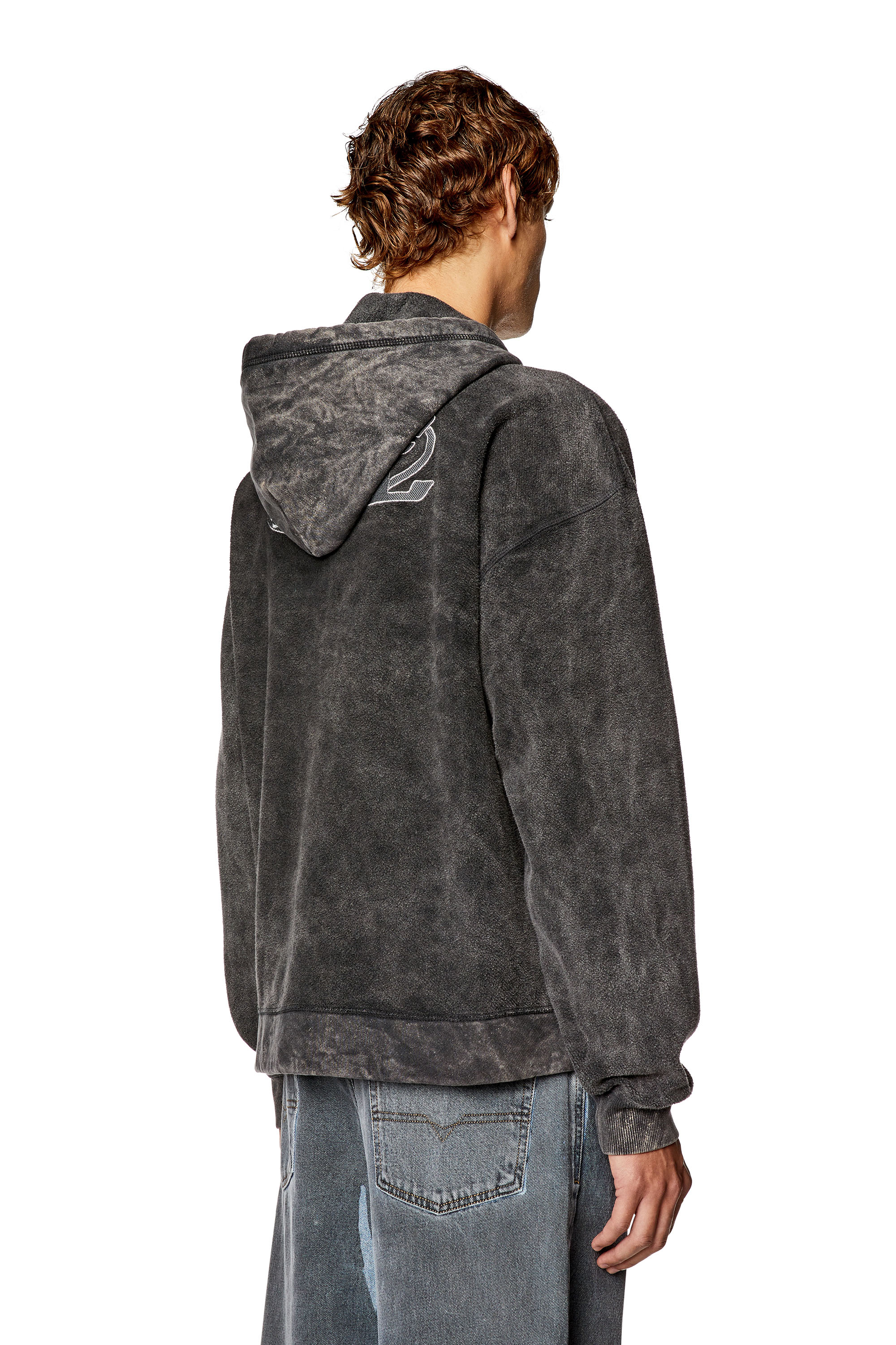 Men's Zip hoodie in marble-washed looped fleece | Black | Diesel