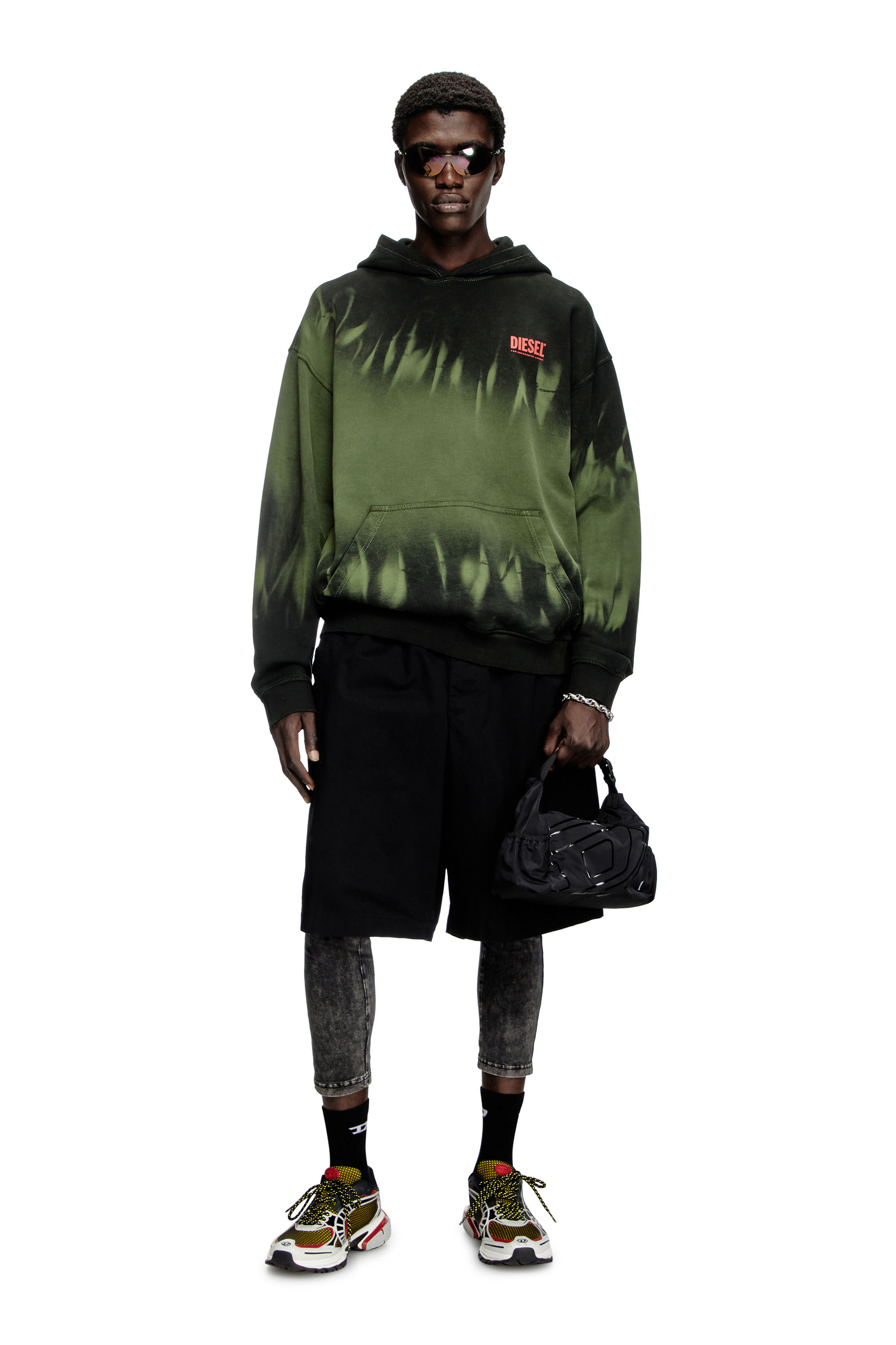 Diesel - S-BOXT-HOOD-R2, Man's Tie-dyed hoodie with logo print in Black/Green - 1