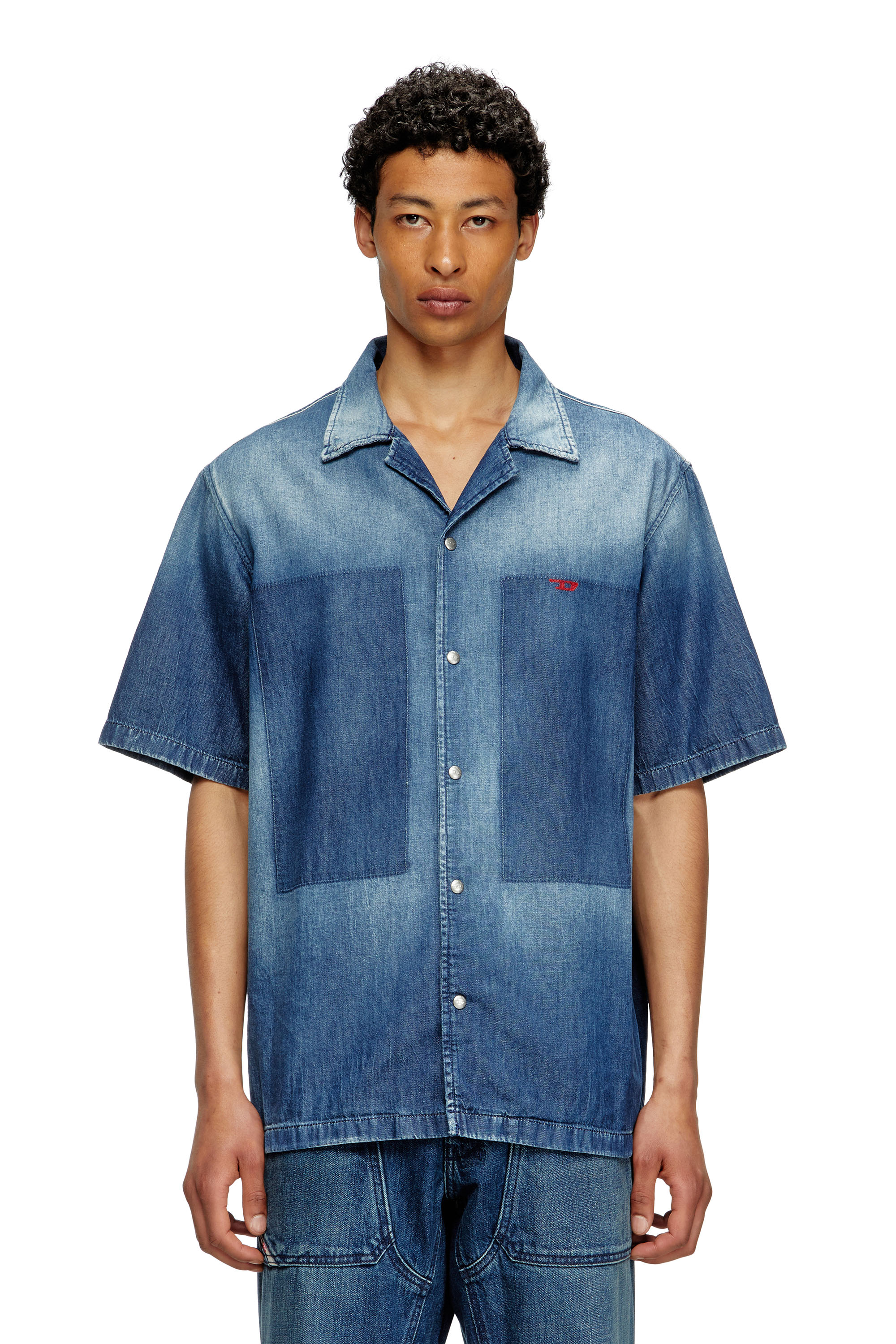 Diesel - D-NABIL-D, Man's Bowling shirt in contrast-effect denim in Medium blue - 1