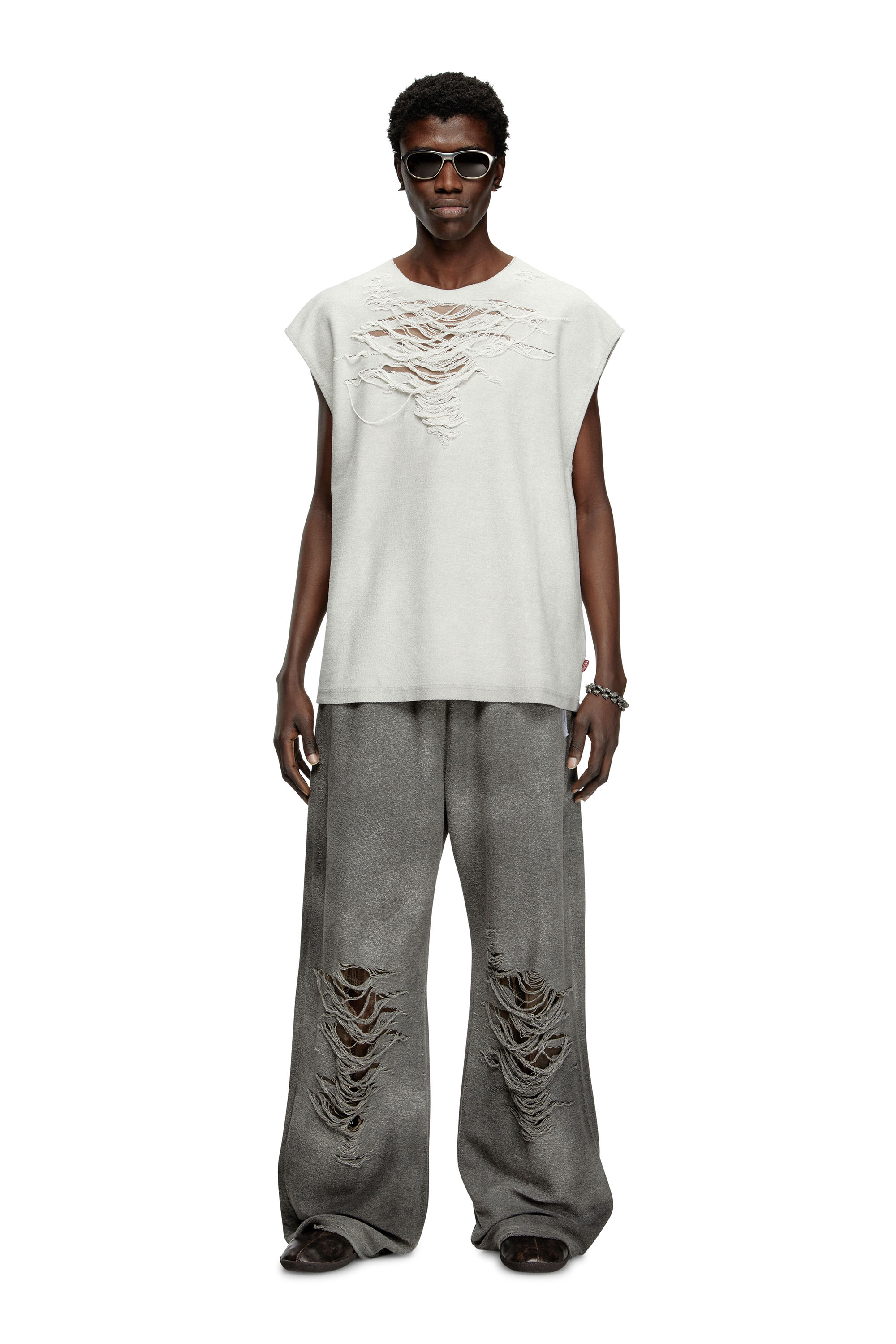 Diesel - S-RUB-SL, Man's Sleeveless sweatshirt with distressed front in Light Grey - 1