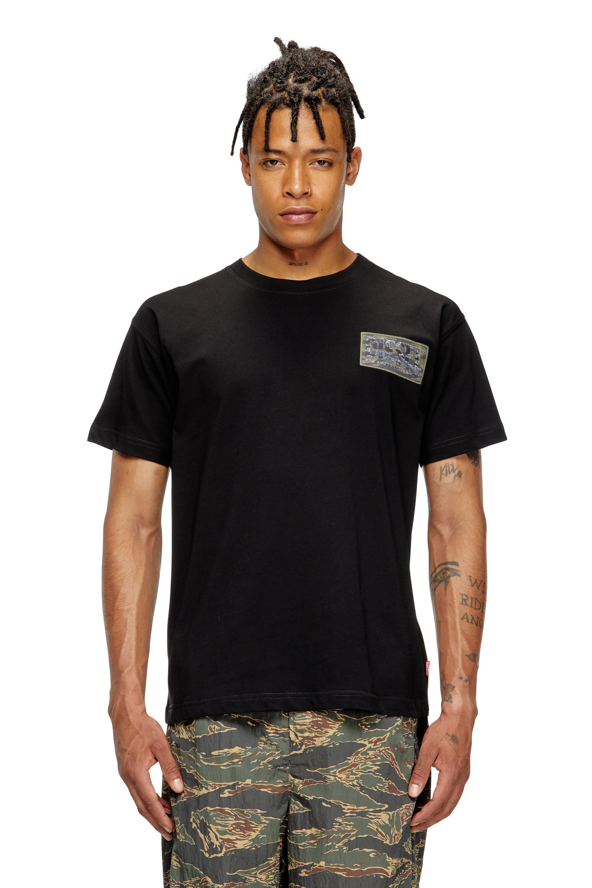 Diesel - T-NORM-T3, Man's T-shirt with camo logo patch in Black - 1