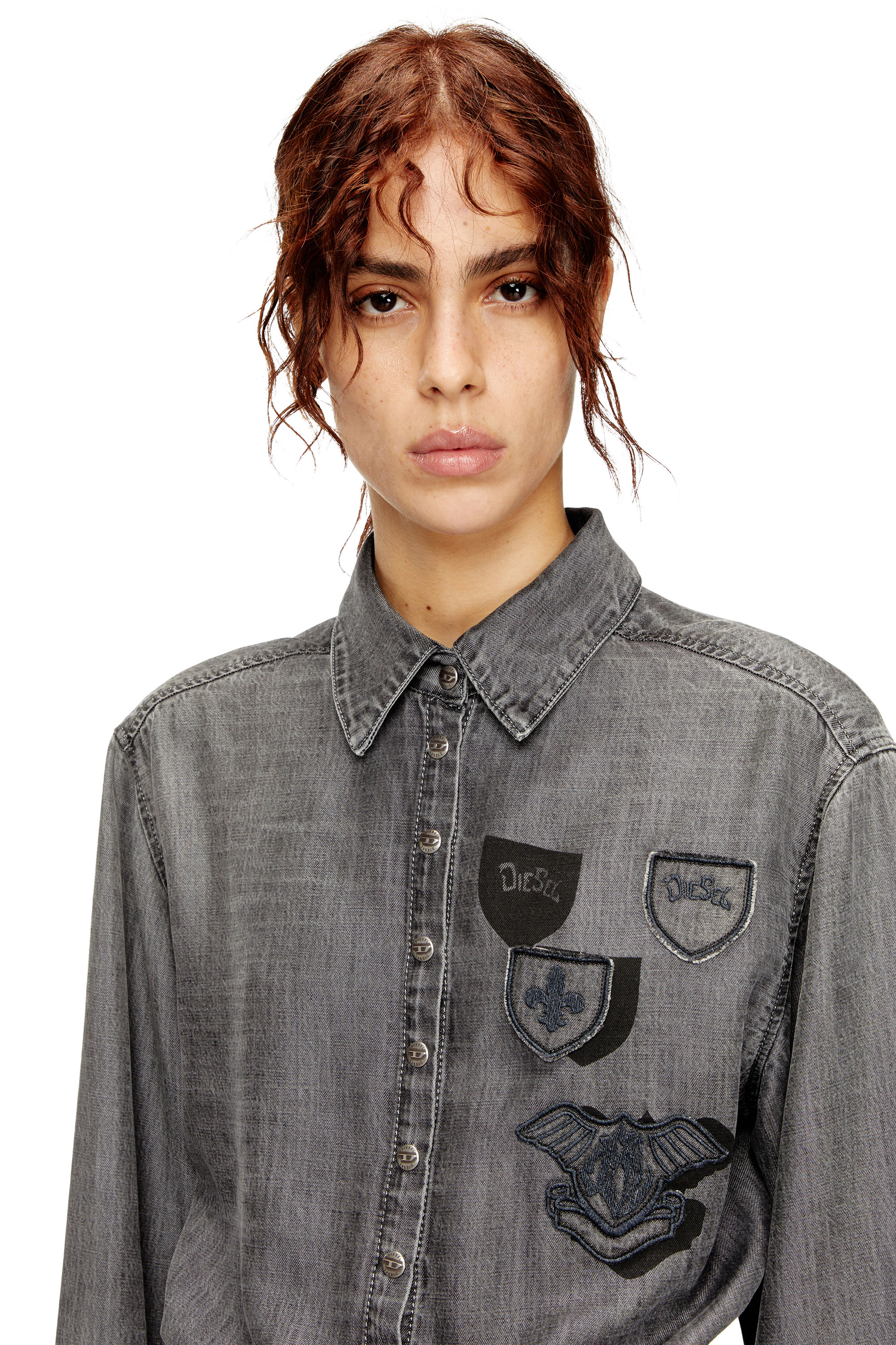 Diesel - DE-DREVIA-S, Woman's Denim dress with embroidered patches in Grey - 4