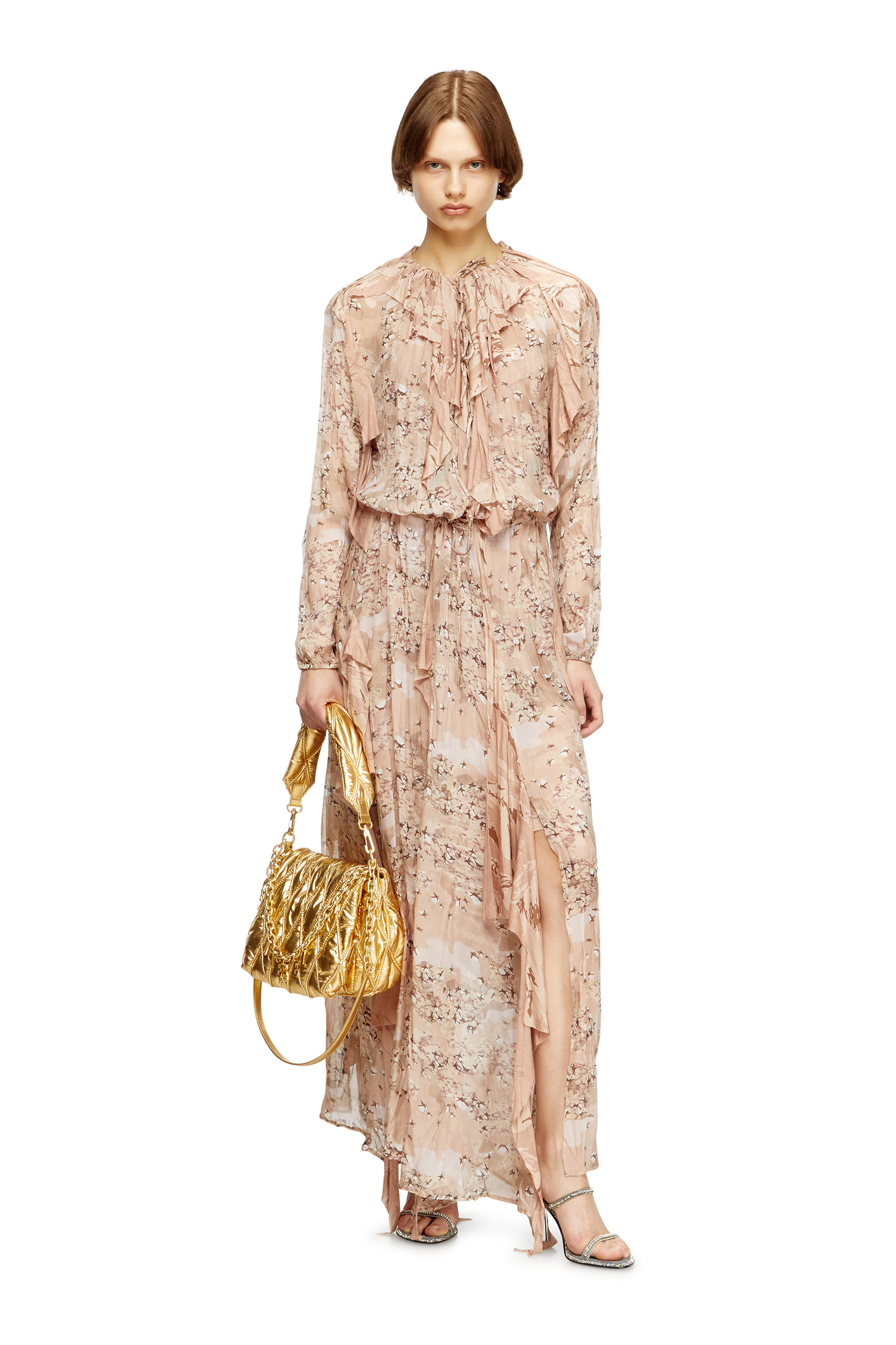 Diesel - D-AZZLING-R1, Woman's Ruffled maxi dress in camo chiffon in Face Powder - 1