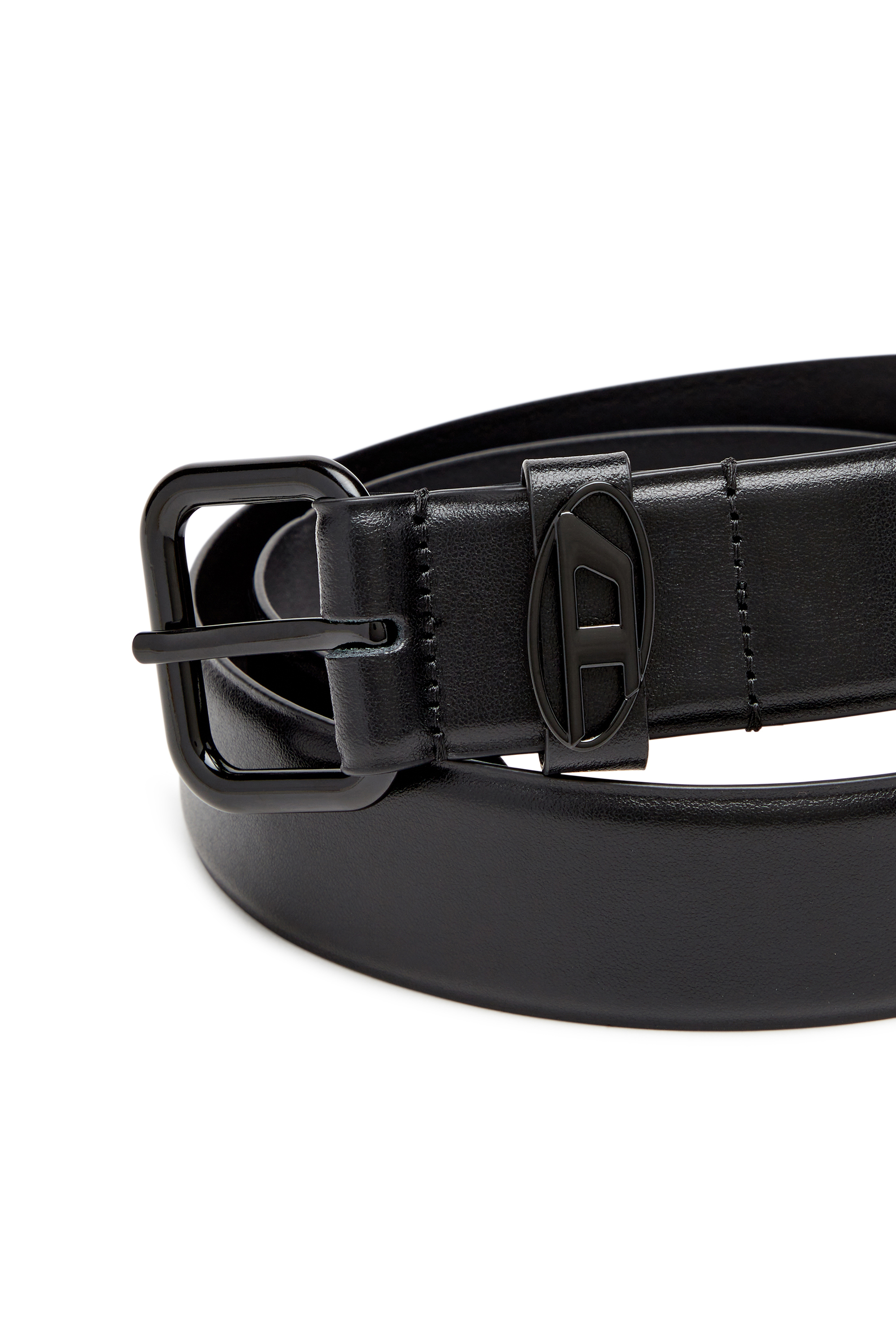 Diesel - B-1DR OVAL D LOOP, Unisex's Logo-plaque embellished leather belt in Bright Black - 3