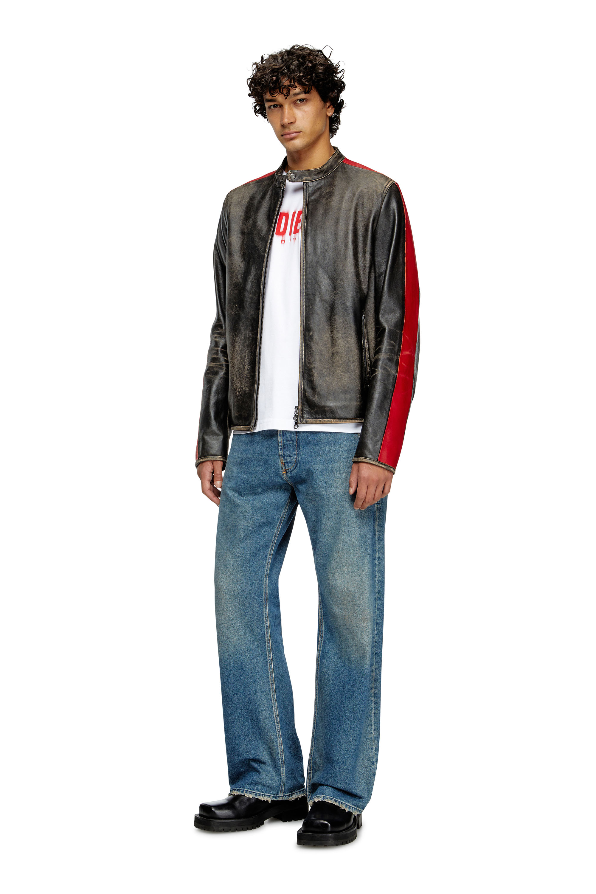 Diesel - L-RENN, Man's Leather jacket with contrasting stripes in Black/Red - 2