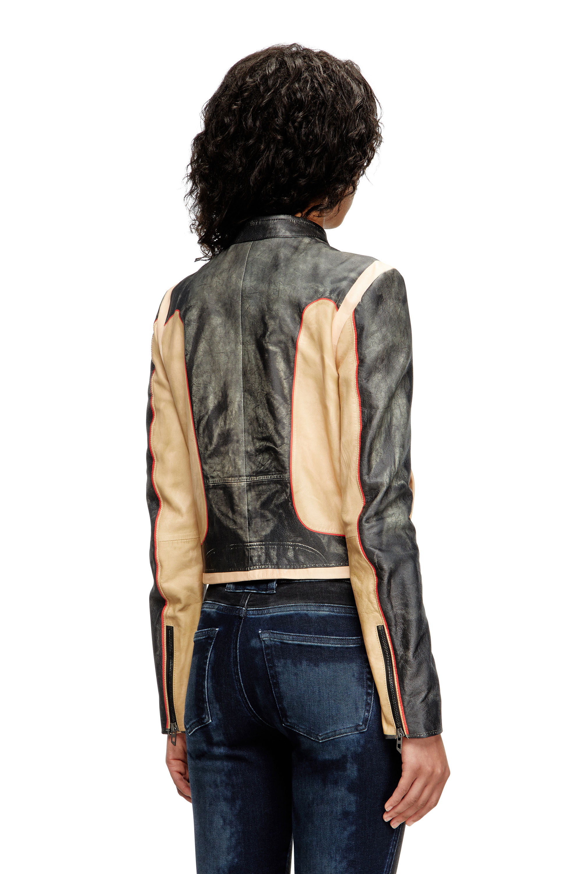 Diesel - L-OONIE, Woman's Trompe l'oeil-effect leather biker jacket in null - 4