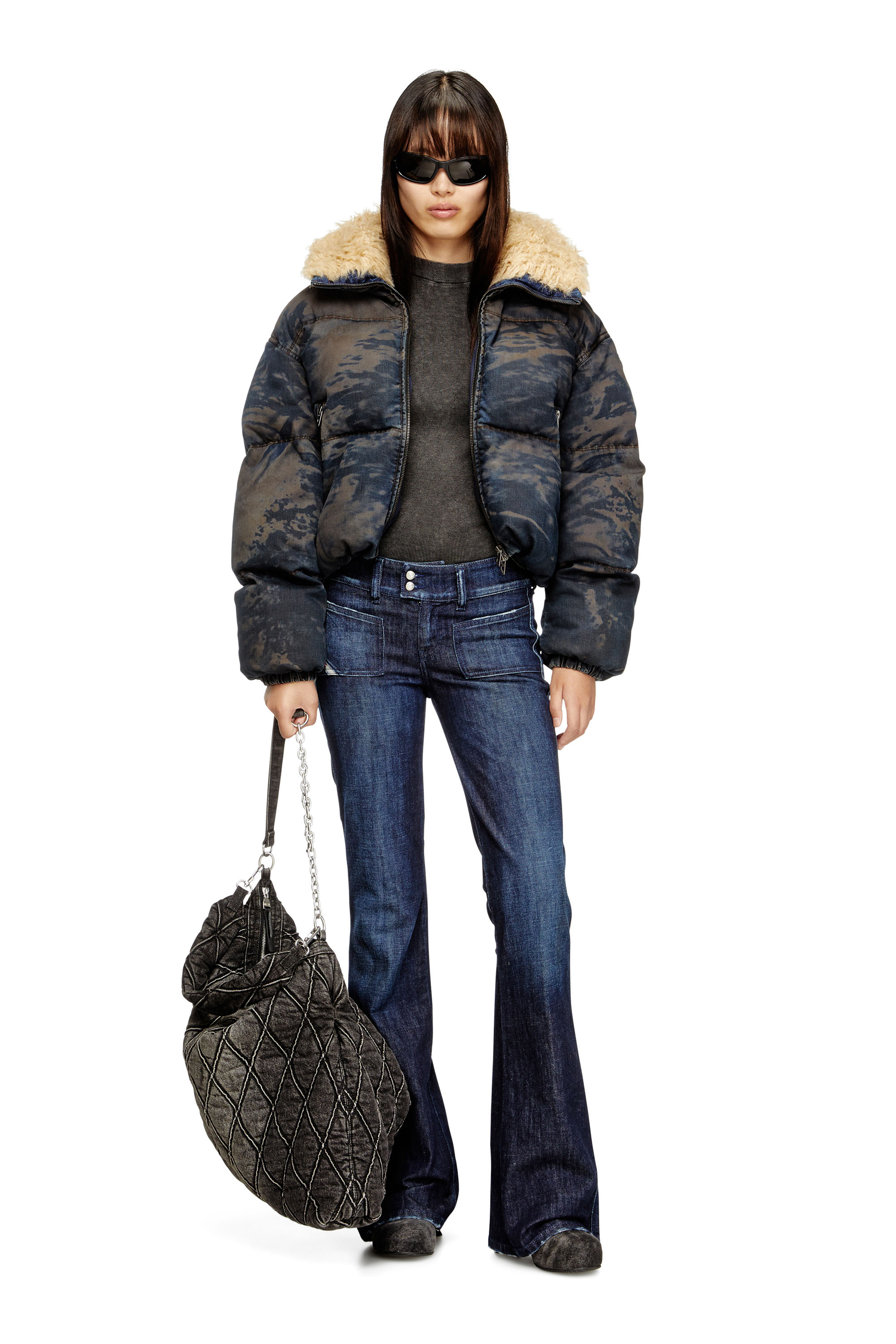 W-AVES-FUR, Black/Brown Diesel - W-AVES-FUR, Woman's Hooded puffer jacket in dirt-effect camo denim in Black/Brown - 1