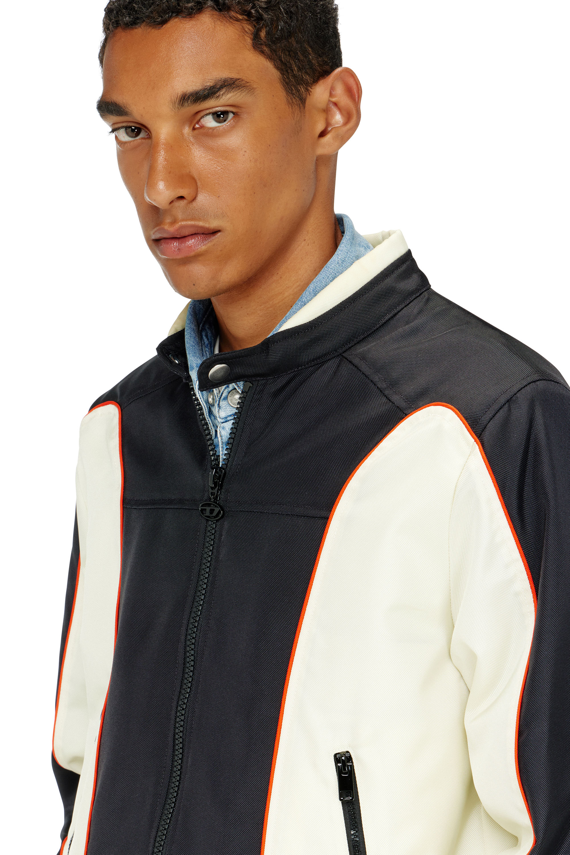 Diesel - J-BLINK-A, Man's Colour-block biker jacket with piping in White/Black - 5