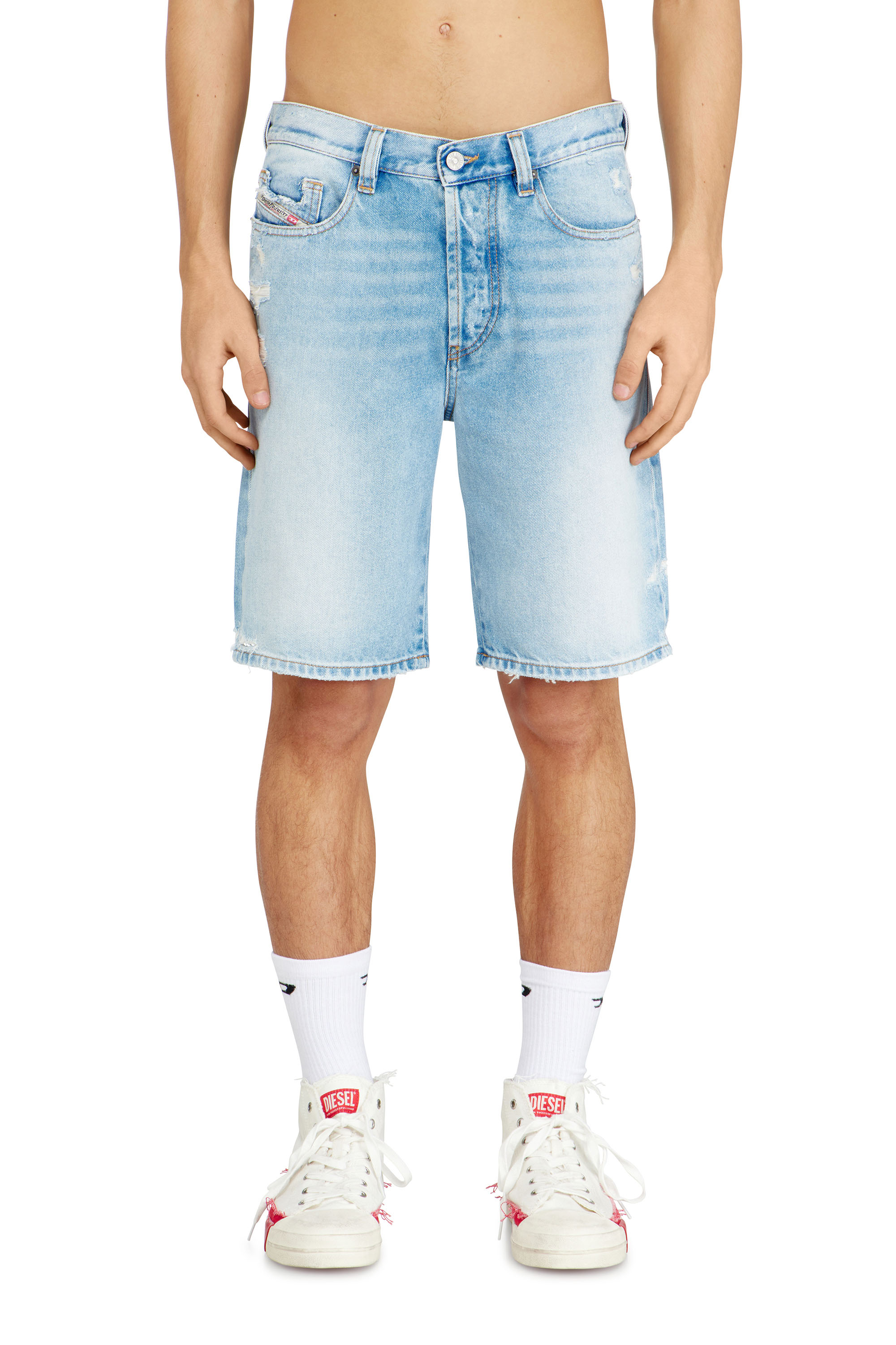 Diesel - REGULAR-SHORT, Man's Shorts in destroyed denim in Light Blue - 1