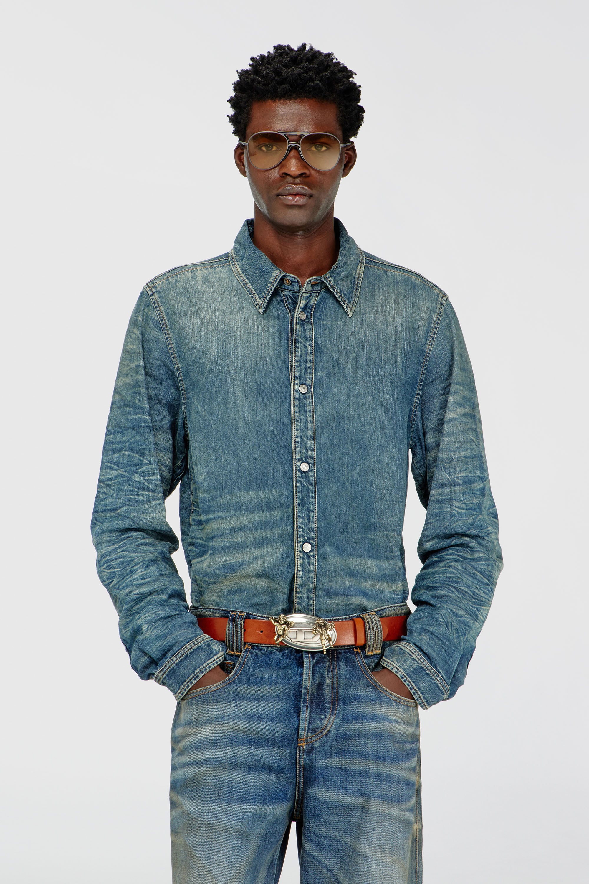 Diesel - D-SYNAR-FSJ4, Man's Shirt in dirty-effect creased denim in null - 1