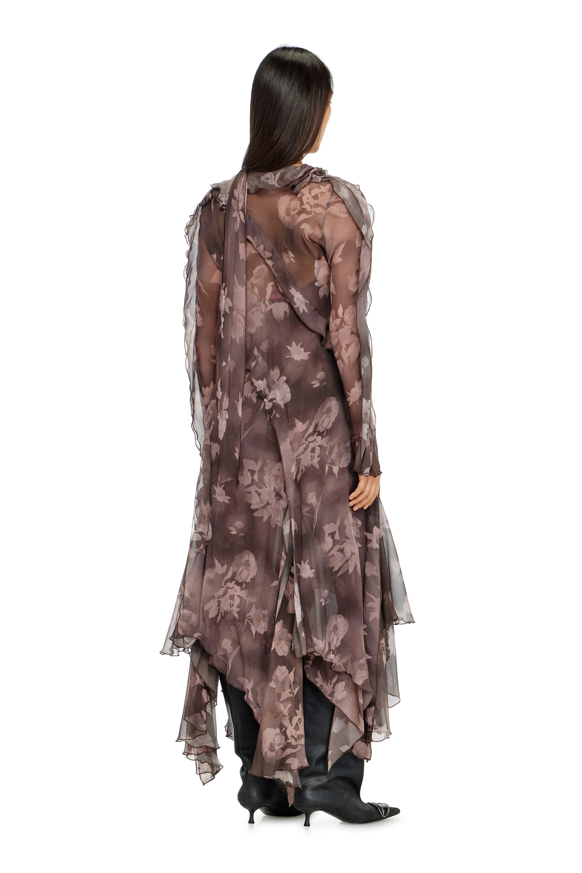 Diesel - D-RIADI, Woman's Asymmetric midi dress in chiffon and silk-crepe in Brown - 4