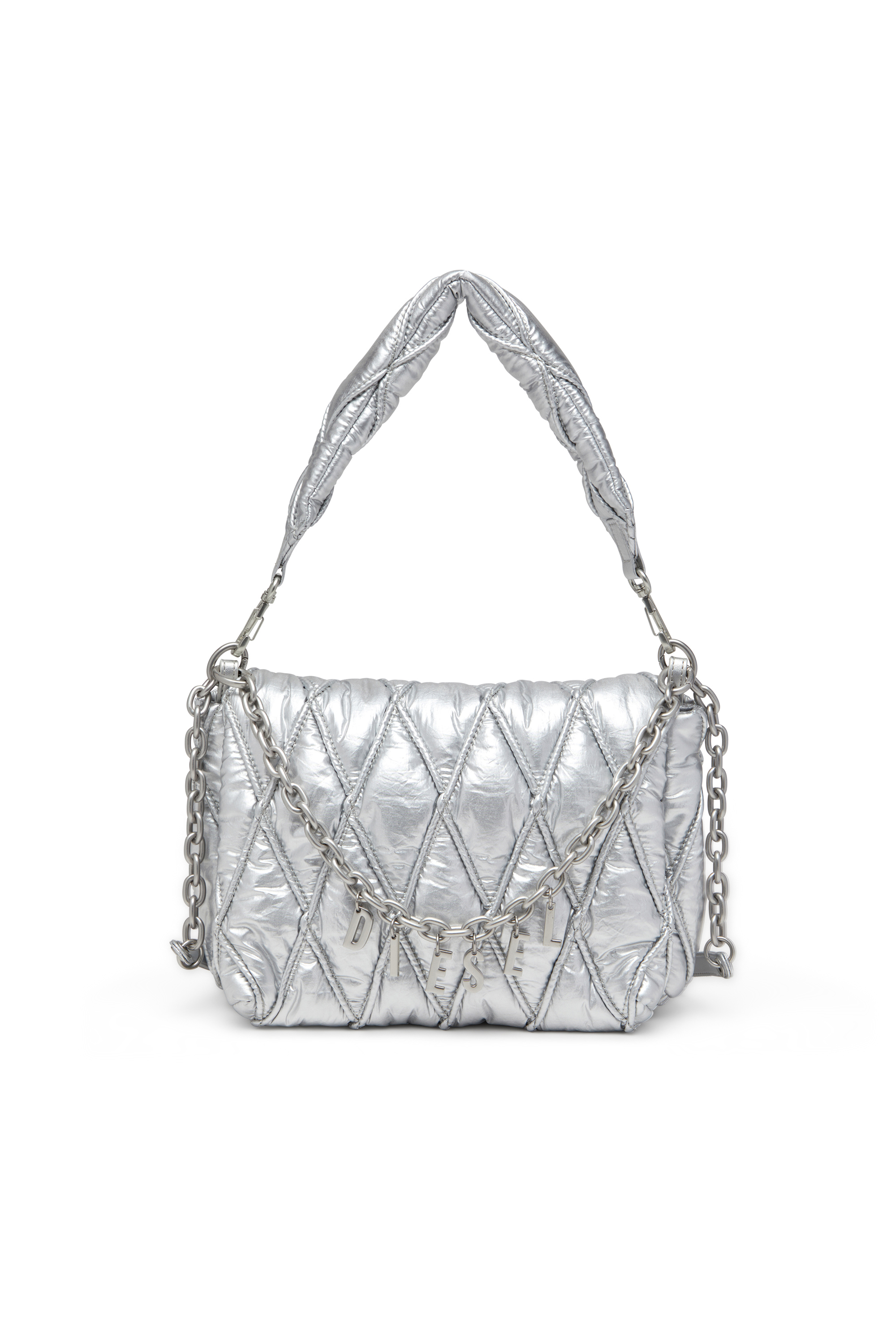 Diesel - CHARM-D SHOULDER M, Woman's Charm-D M-Shoulder bag in quilted metallic nylon in Silver - 2