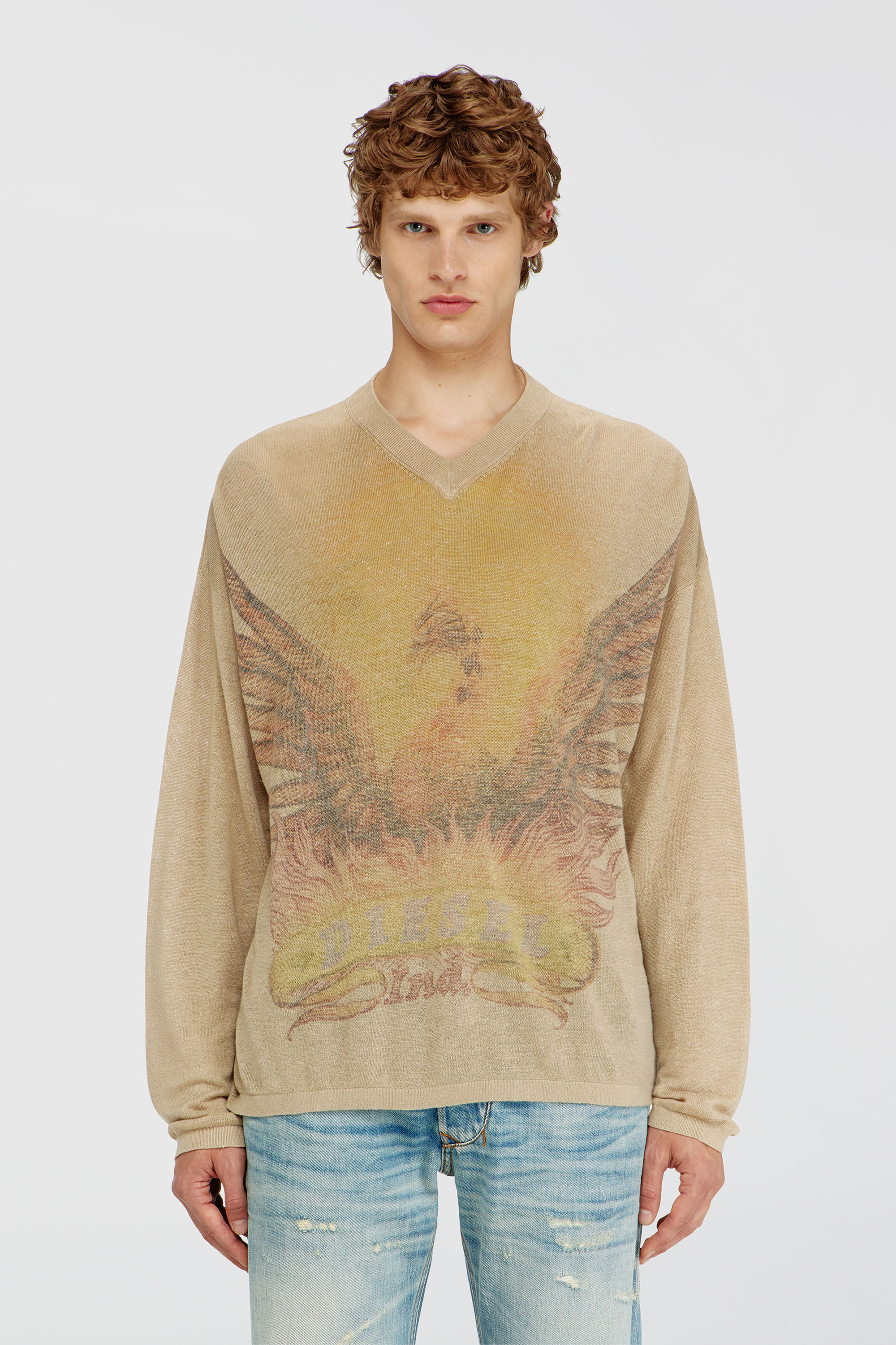 Diesel - K-ARMINS, Man's Linen jumper with faded Phoenix print in Beige - 3