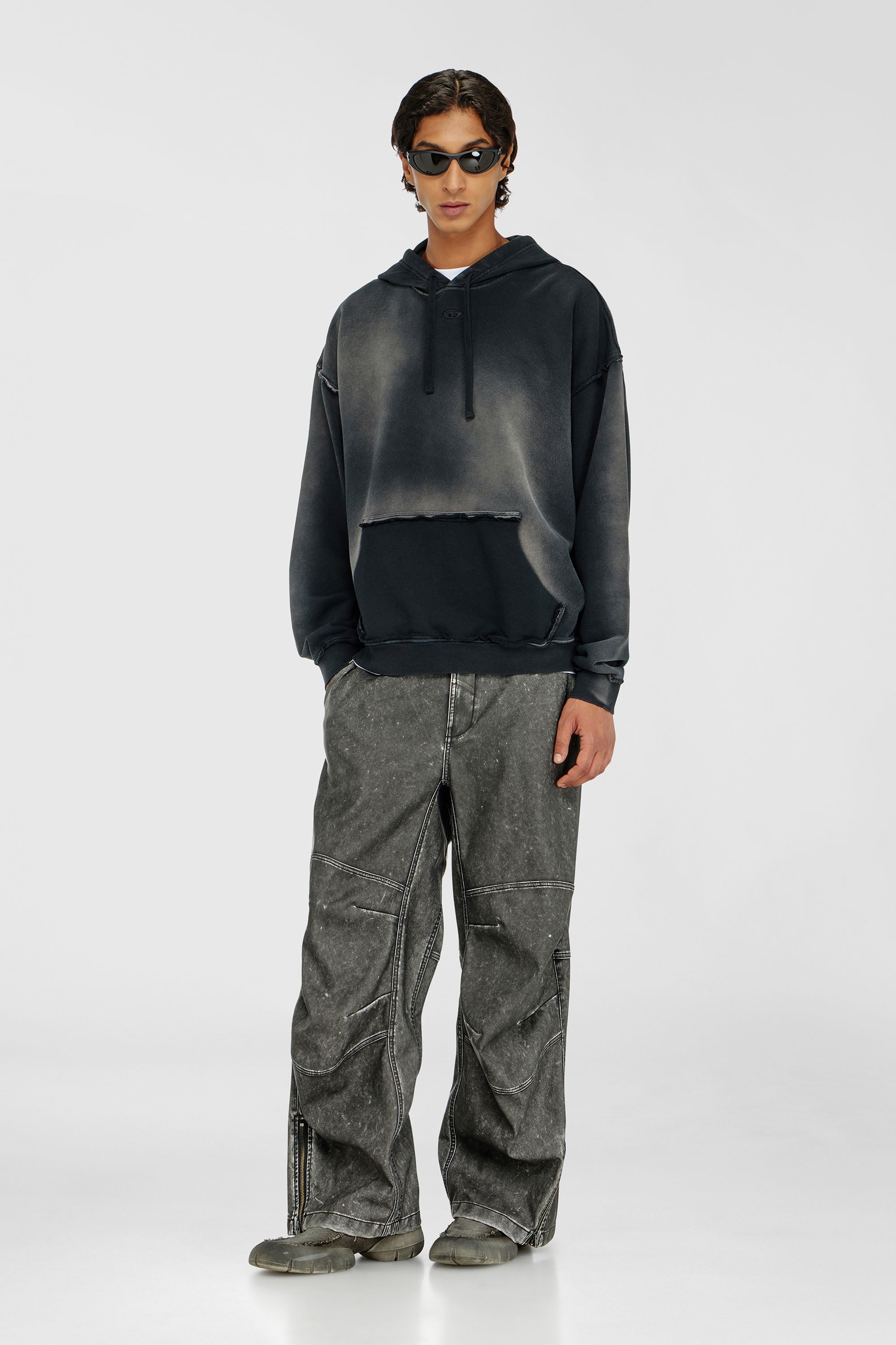 Diesel - S-POCK-HOOD, Man's Faded cotton hoodie with frayed details in Black/Grey - 2