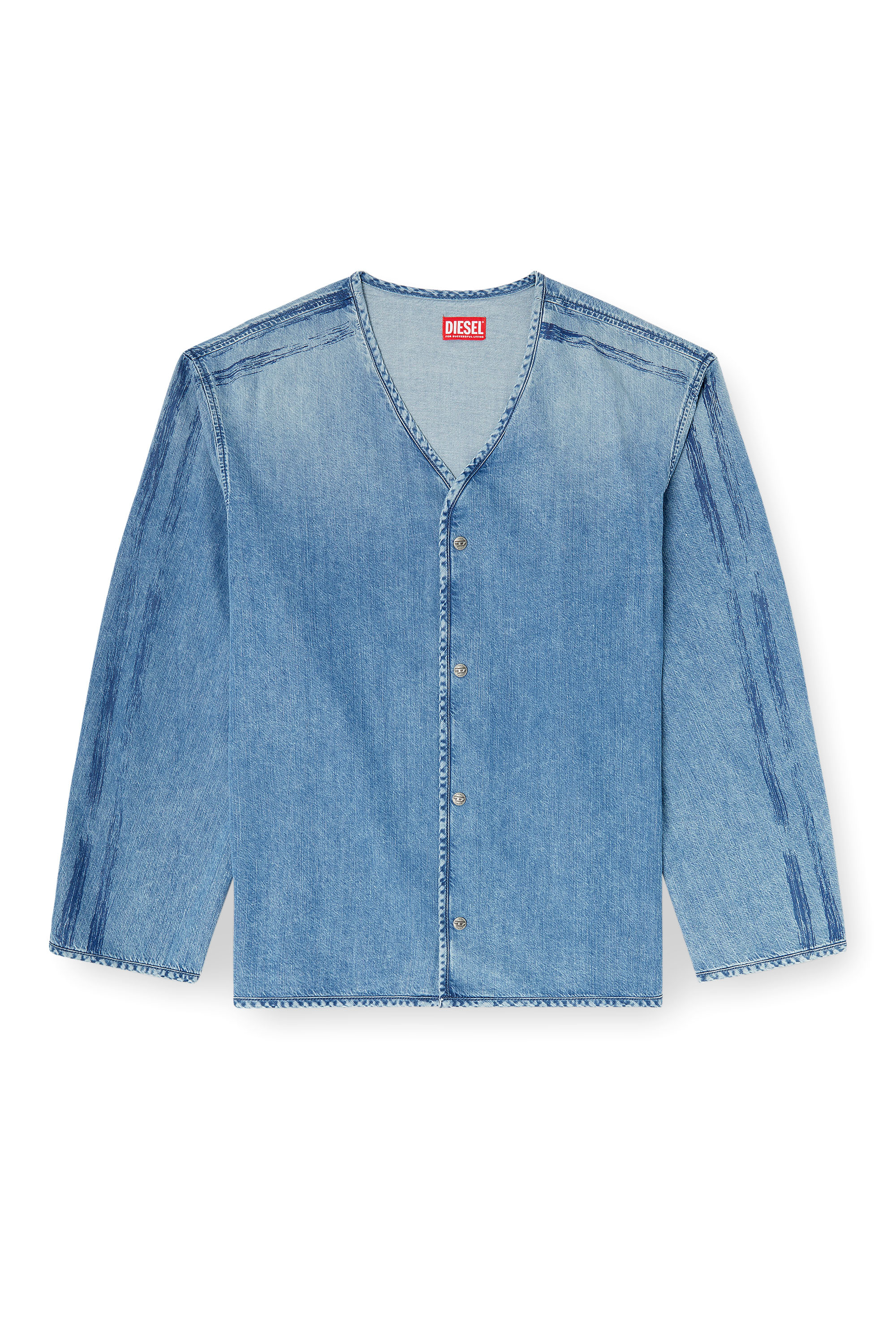 Diesel - D-CADI-S, Man's V-neck shirt in fluid denim with stripes in null - 2