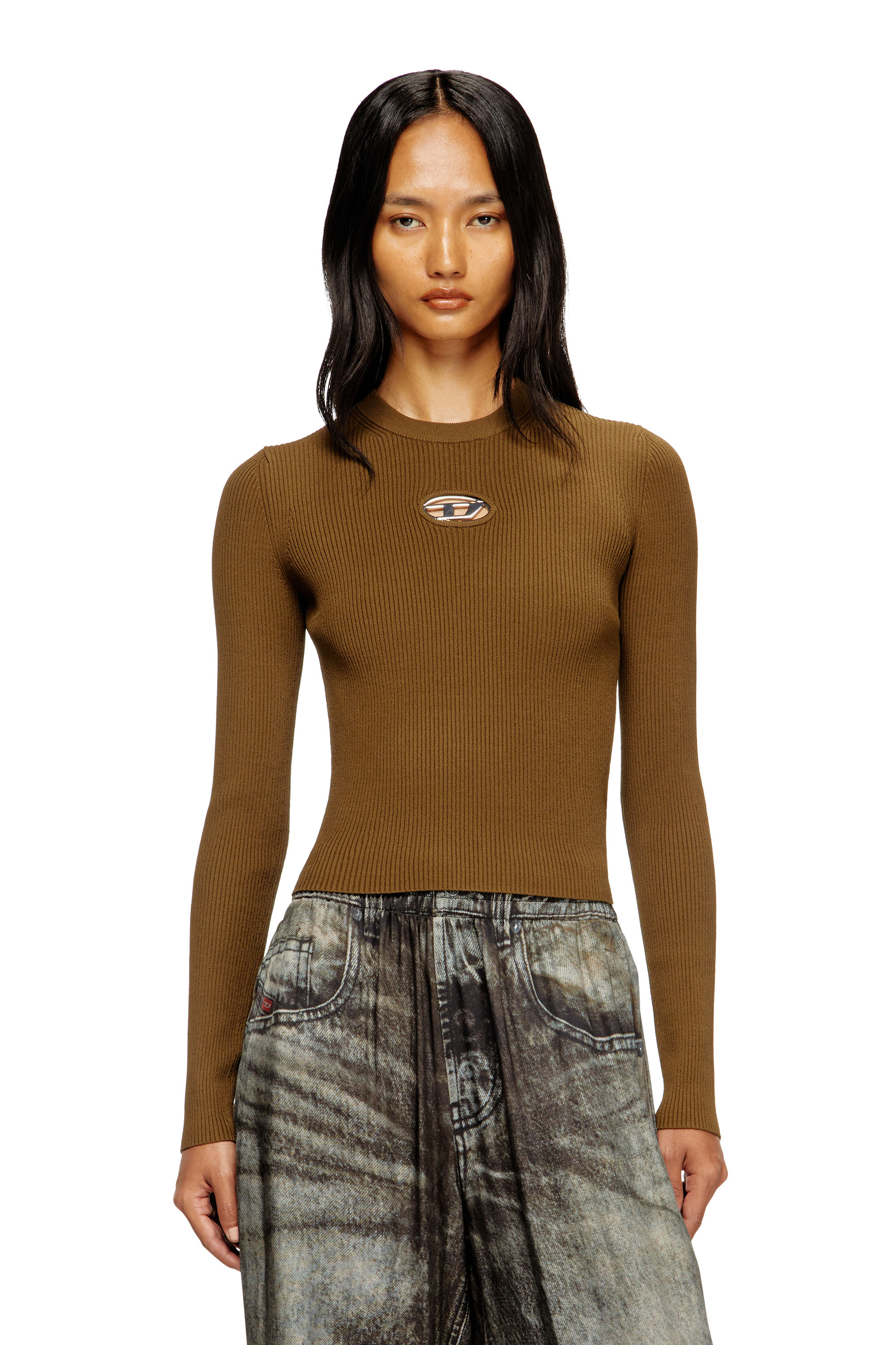 Diesel - M-VALARI, Woman's Rib-knit viscose-blend top with Oval D in Green - 1