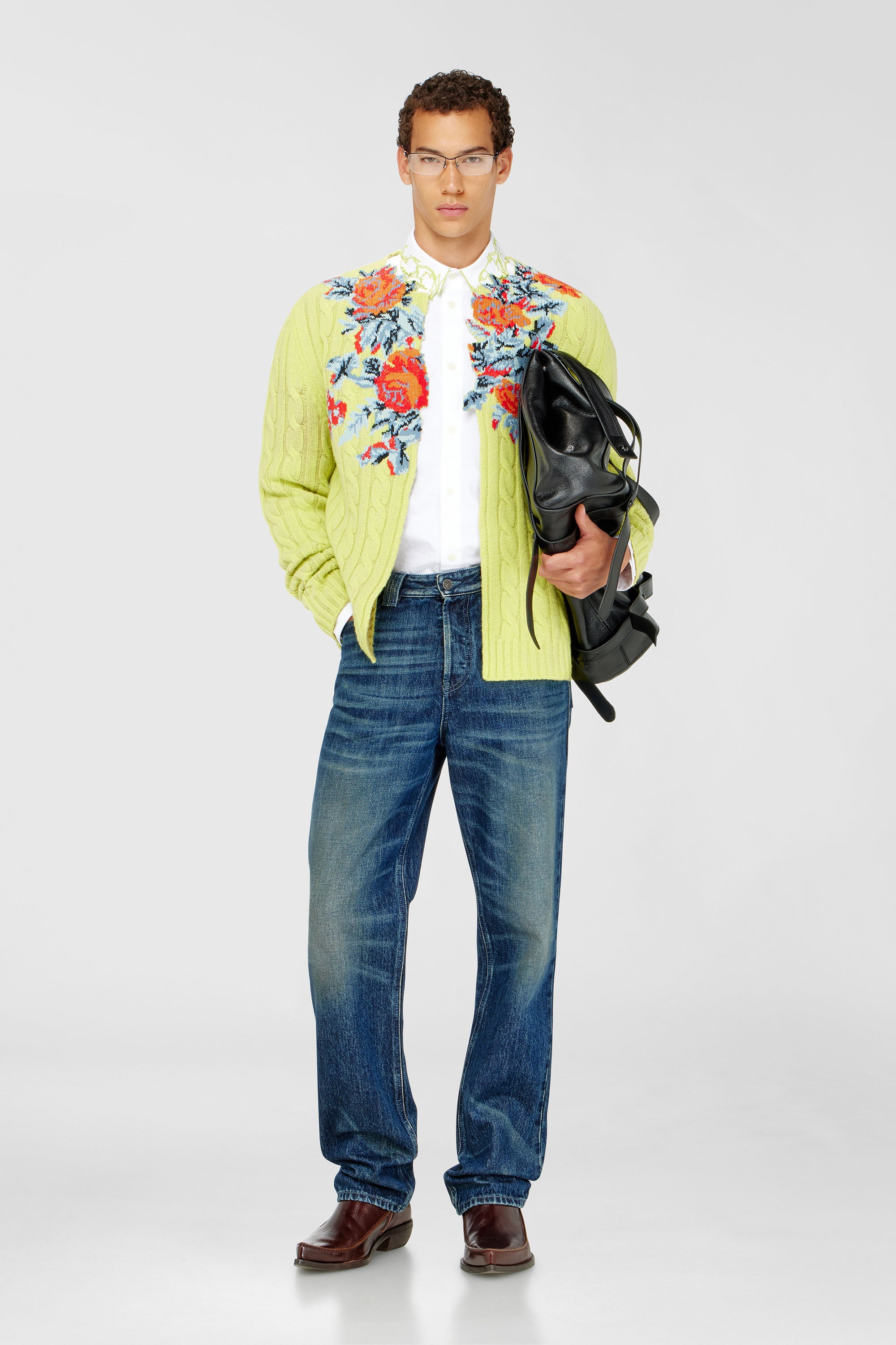 Open-front cardigan in floral cable knit