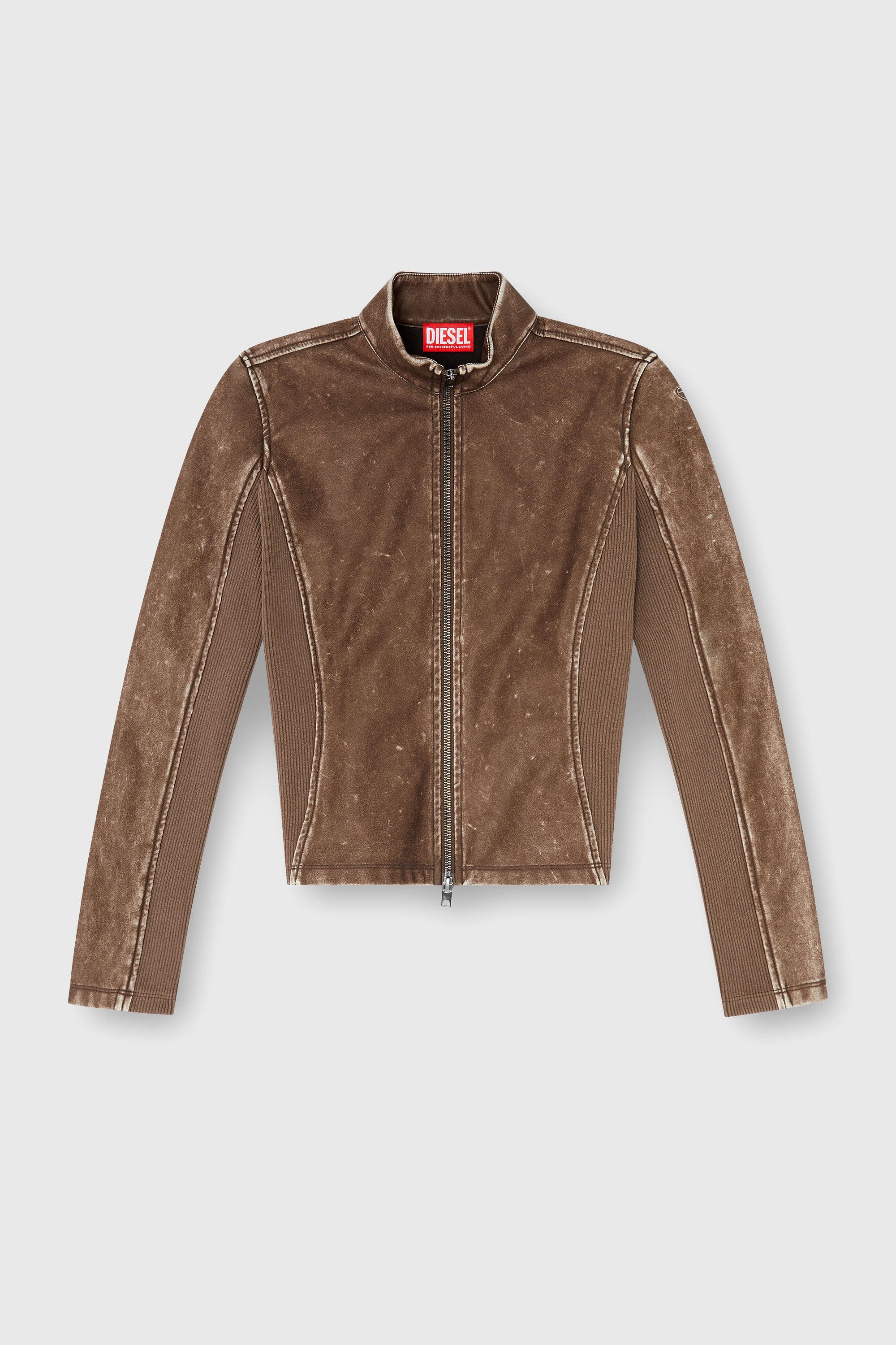 Diesel - T-HUNDER, Woman's Biker jacket with rib-knit inserts in Brown - 2