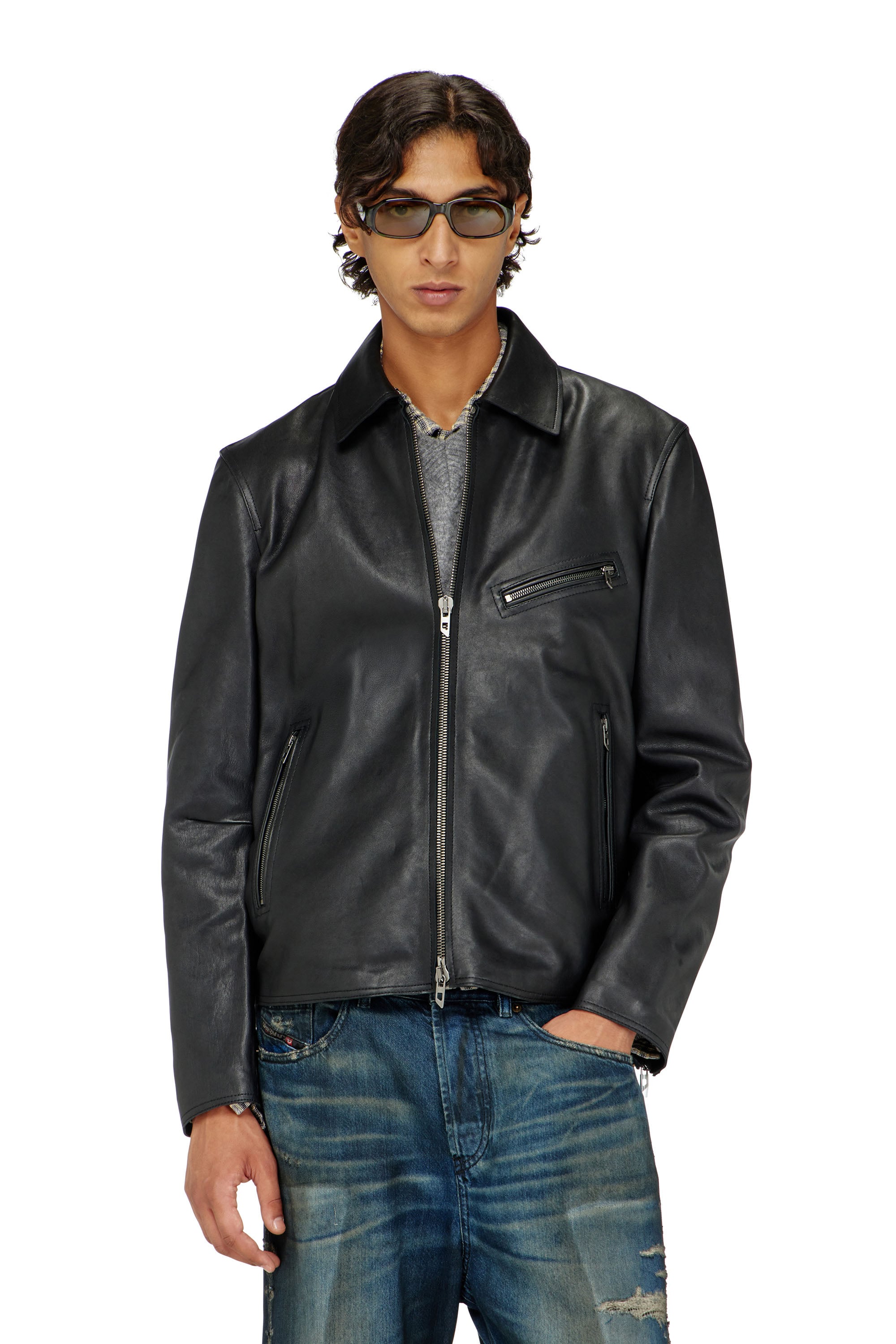 Diesel - L-KORN-A, Man's Leather jacket with embossed Oval D in Black - 1