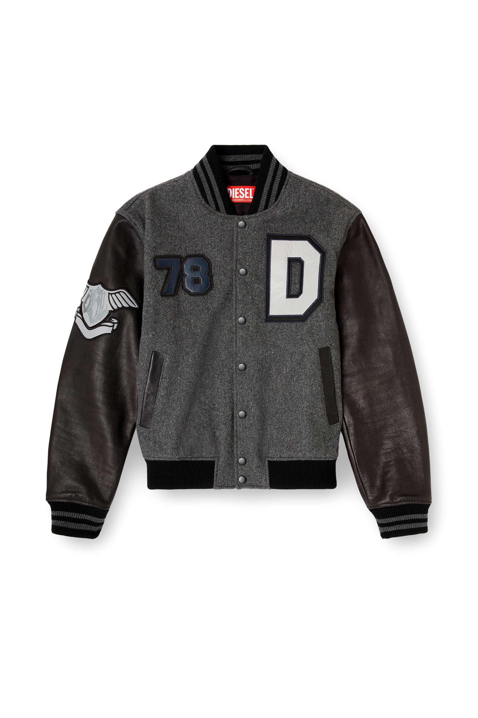 Diesel - L-ARRY-CP, Man's Cropped varsity jacket in wool and leather in Black/Grey - 3