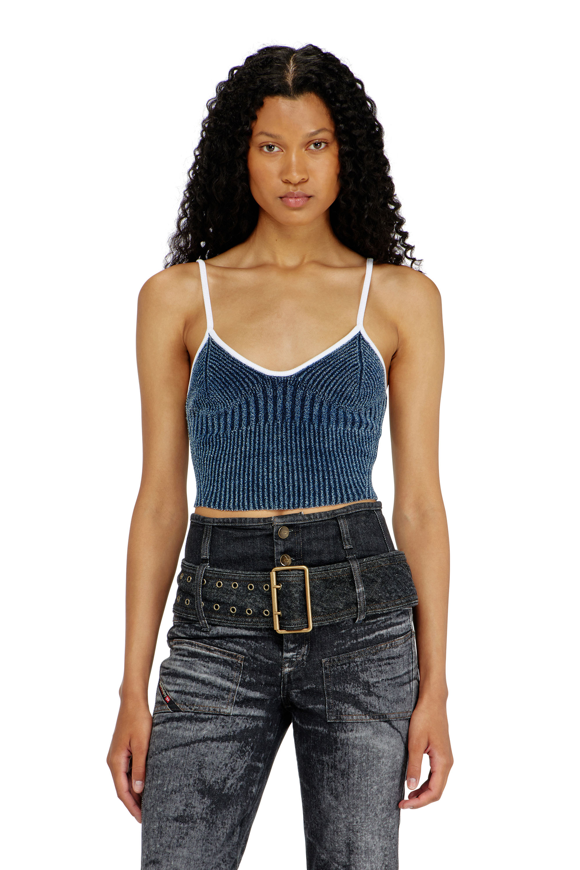Diesel - M-ESTERE, Woman's Crop top in indigo boucl&eacute; ribbed knit in Blue/White - 1