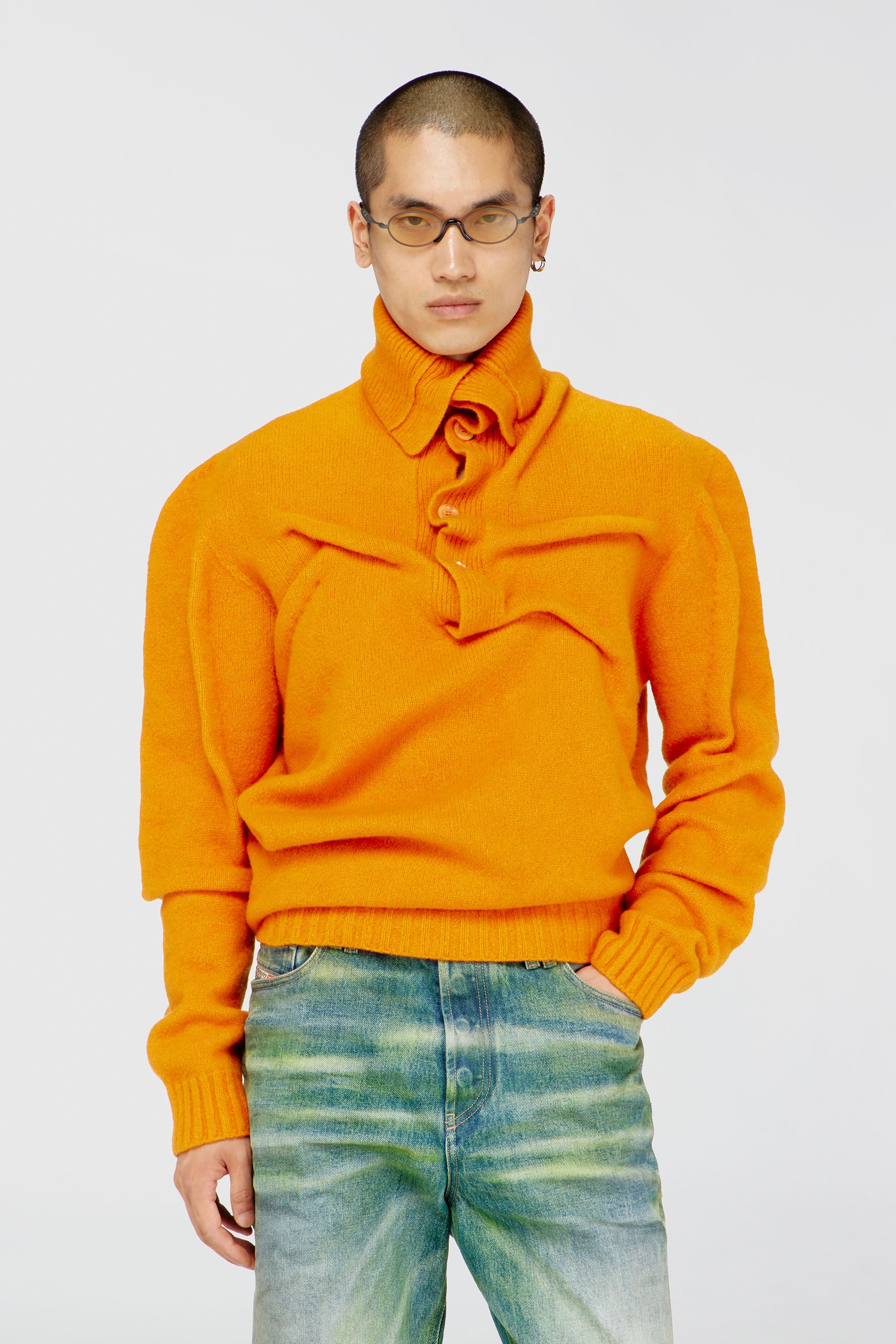 Diesel - K-ANDREW, Man's Button-neck jumper in wrinkled boiled knit in Orange - 2