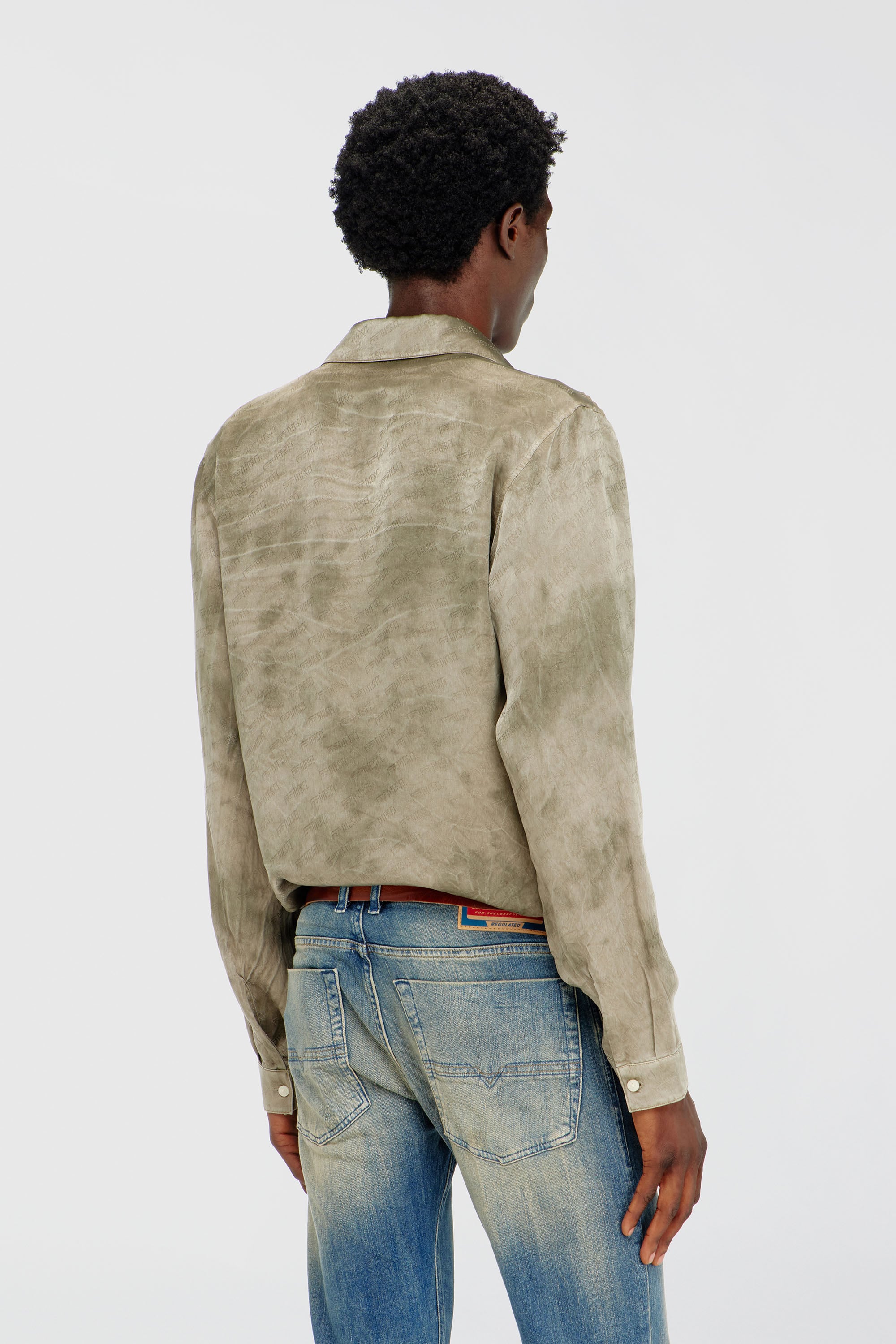 Diesel - S-KISSY-HNBW, Man's Shirt in logo-jacquard crinkled satin in Light Brown - 4