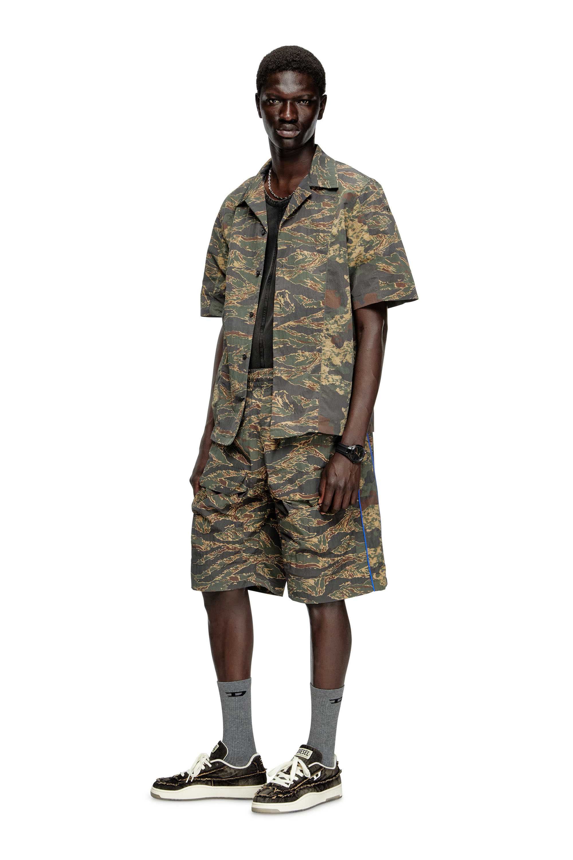 P-RAMOS-SHORT-EPBW, Military Green Diesel - P-RAMOS-SHORT-EPBW, Man's Cargo shorts with mixed camo prints in Military Green - 1