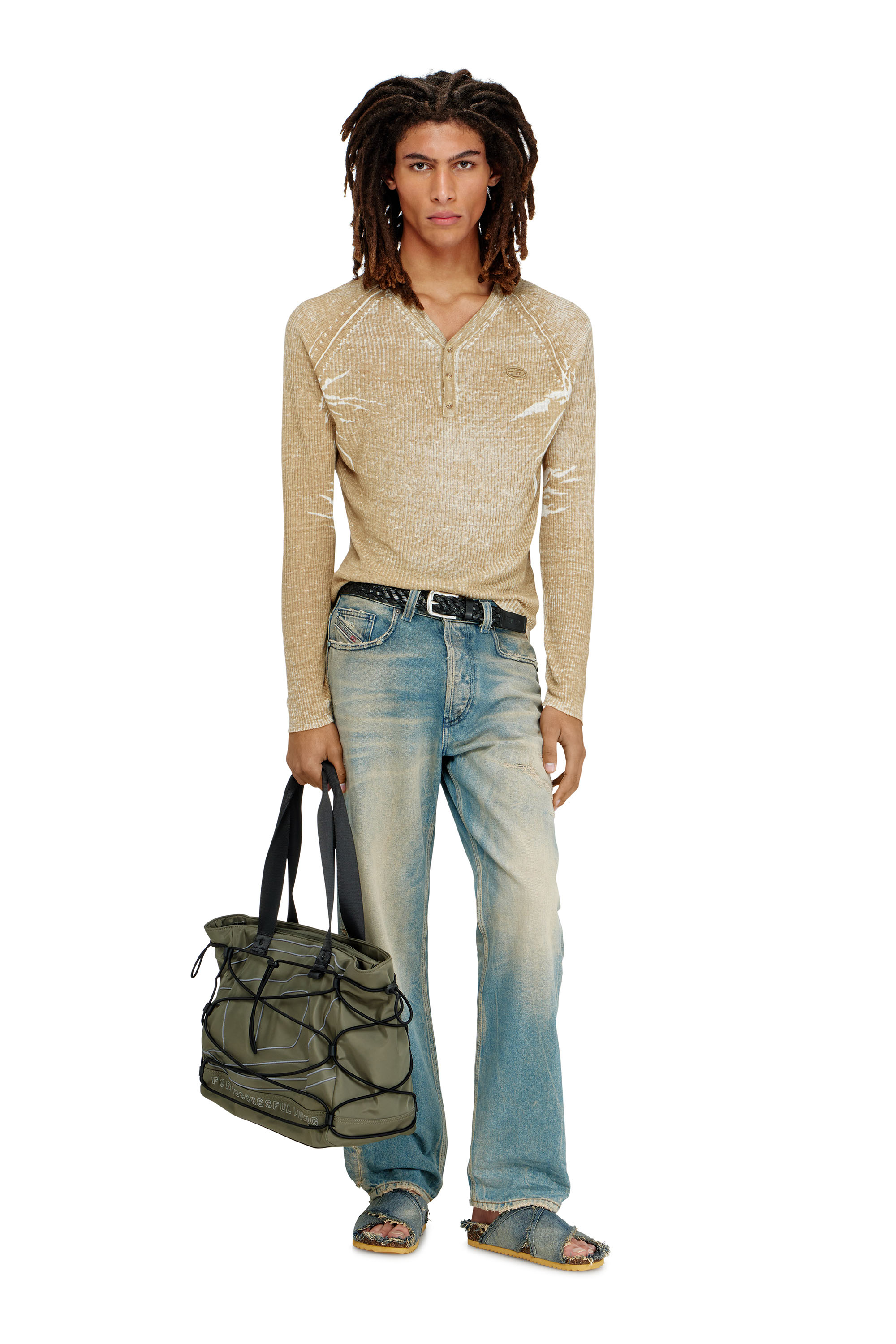 Diesel - K-ZENON, Man's Henley jumper with faded reverse print in Light Brown - 2