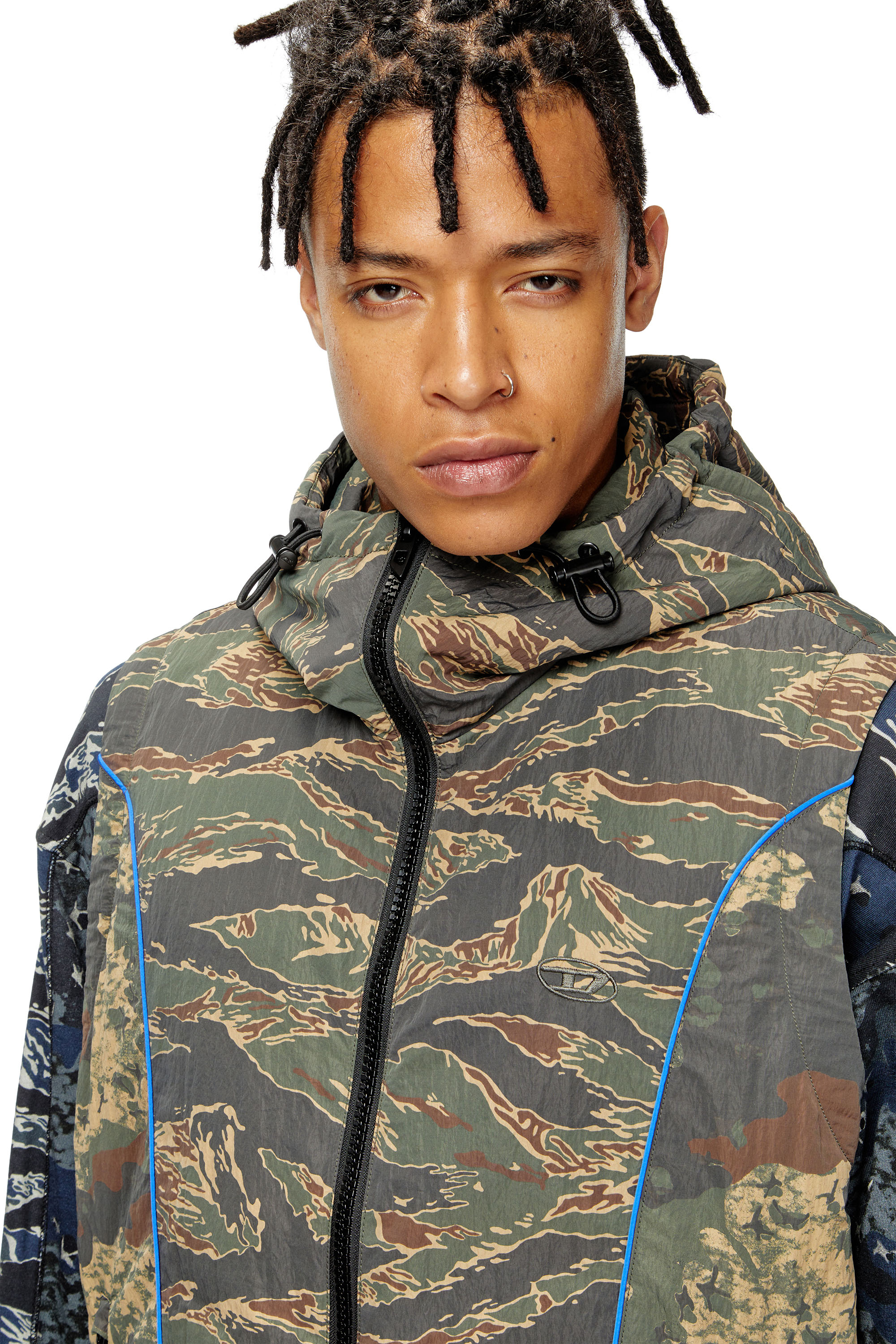 J-OSTEND-SL-CAMU, Blue/Green Diesel - J-OSTEND-SL-CAMU, Man's Hooded vest with mixed camo prints in Blue/Green - 5