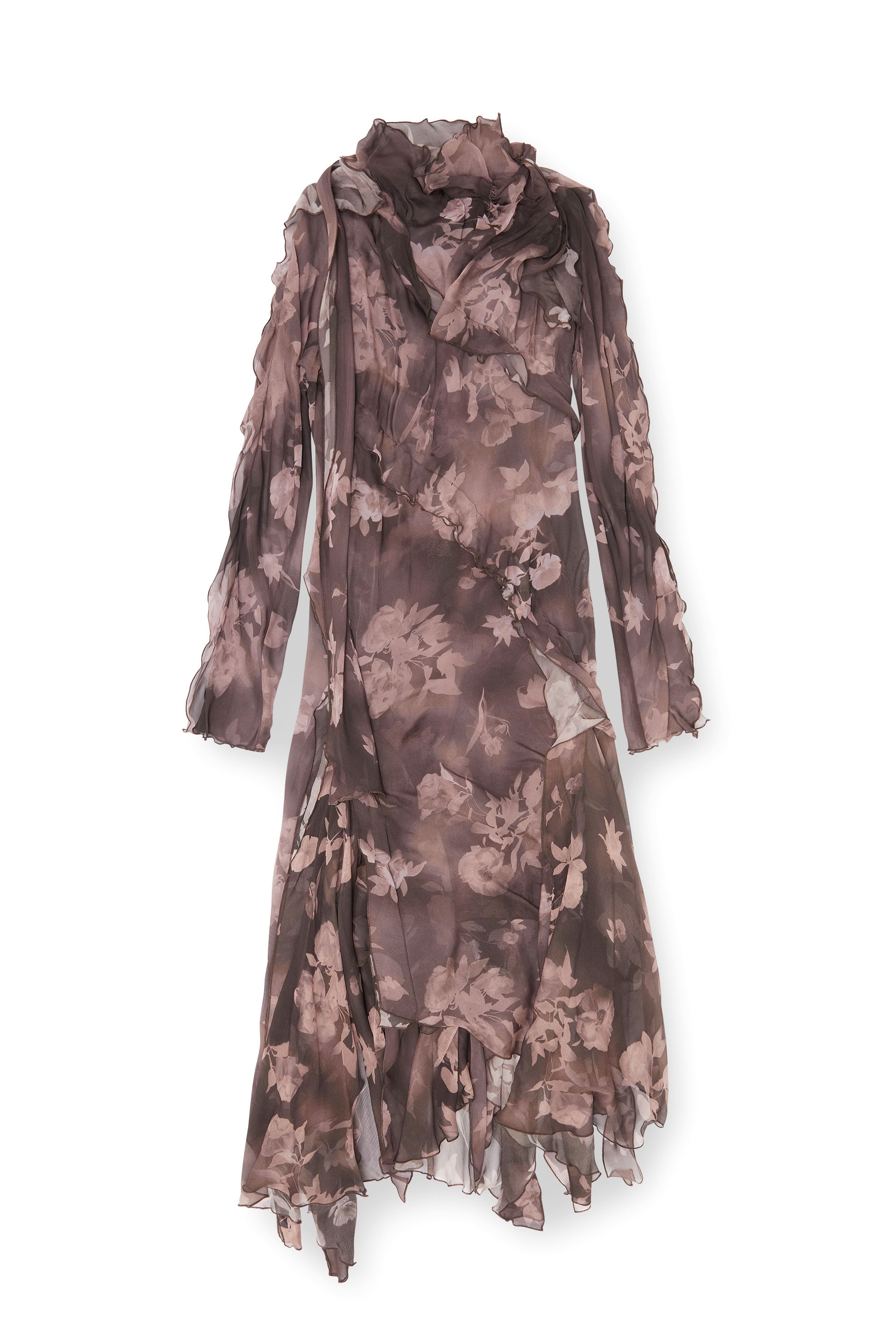 Diesel - D-RIADI, Woman's Asymmetric midi dress in chiffon and silk-crepe in Brown - 1