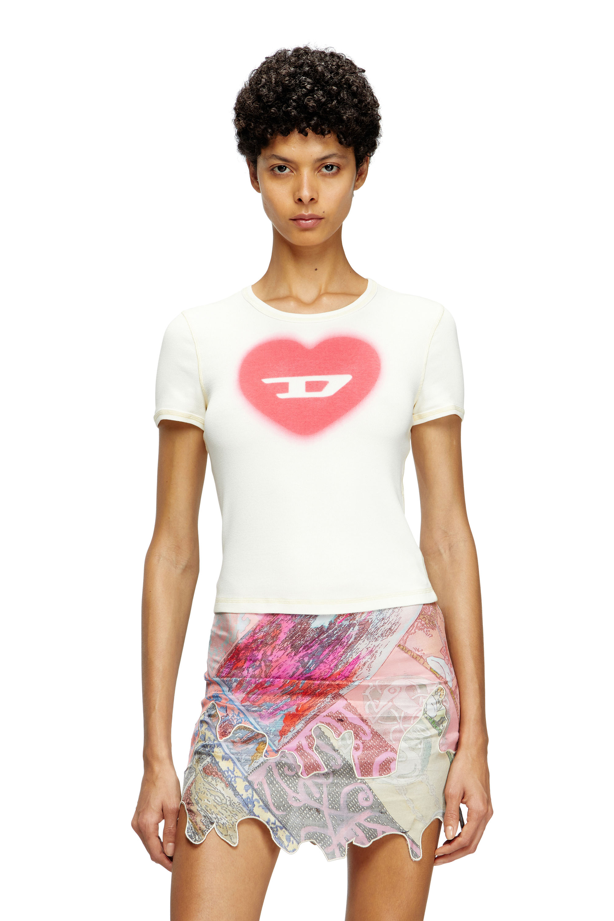 T-ELE, White Diesel - T-ELE, Woman's Ribbed T-shirt with watercolour heart D in White - 3