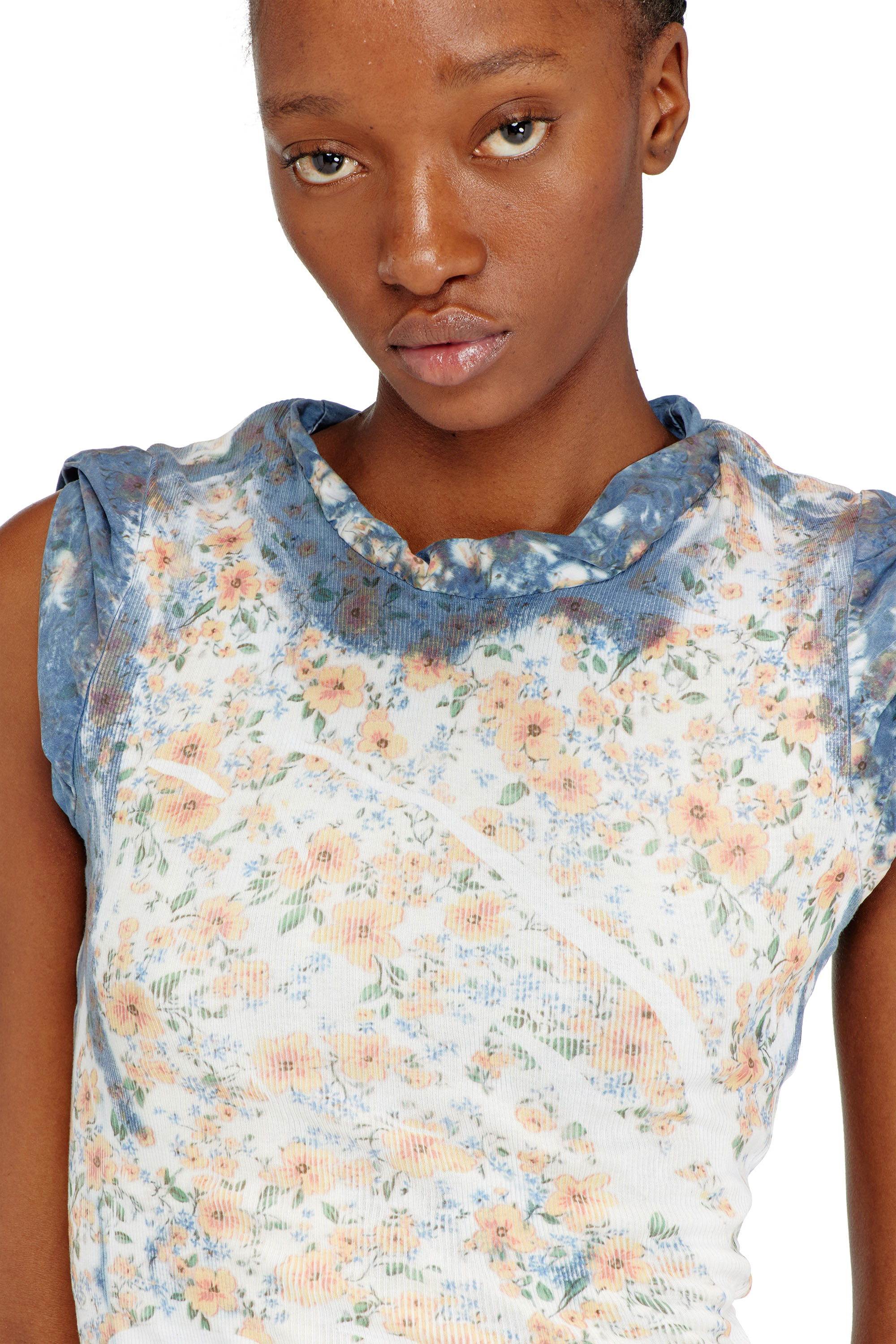 Diesel - D-AYANA, Woman's Layered short dress with floral X-ray effect in Beige/Blue - 4