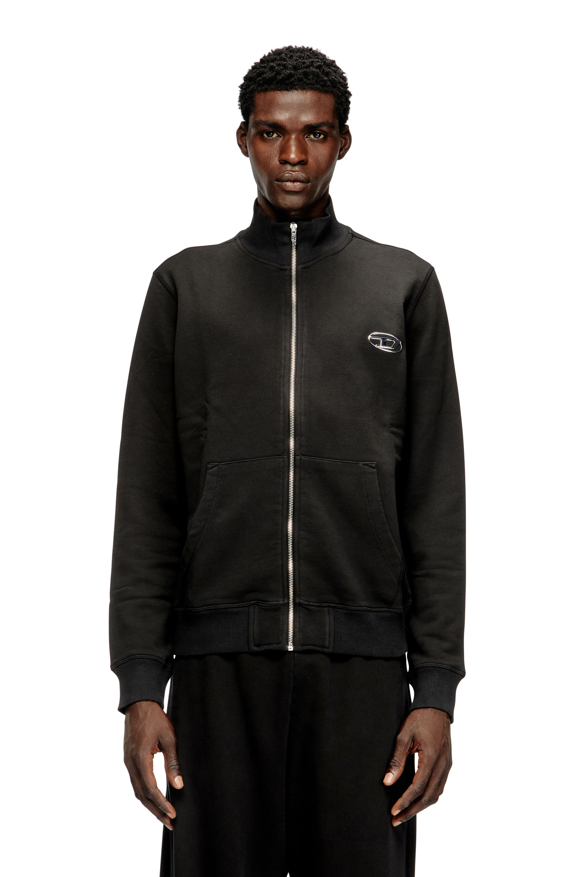 S-GINN-ZIP-IOD, Black Diesel - S-GINN-ZIP-IOD, Man's Wweatshirt with mock neck and metallic Oval D in Black - 3