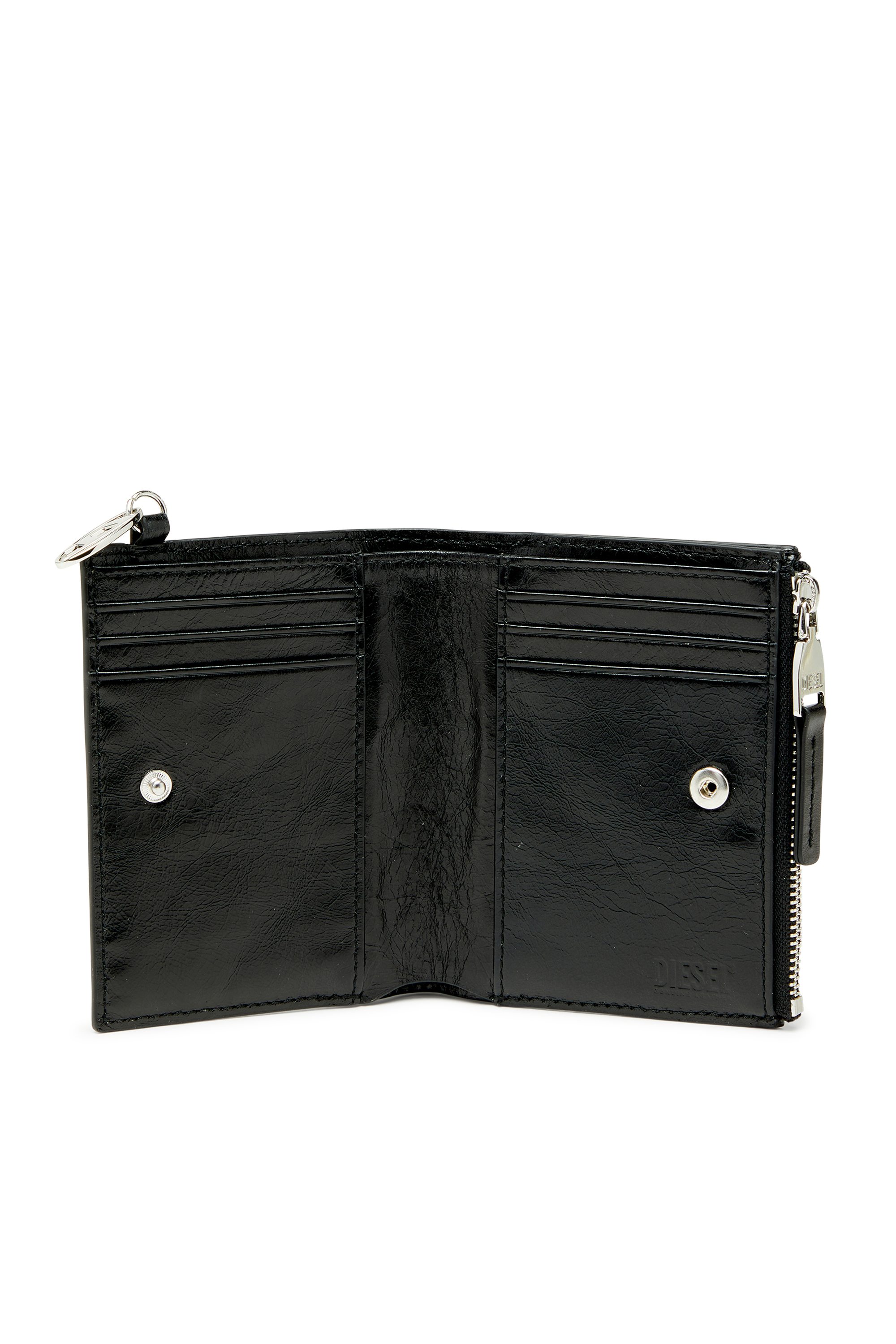 Diesel - OVAL-D BI FOLD ZIP II, Woman's Leather bi-fold wallet with embossed chain motif in Black - 3