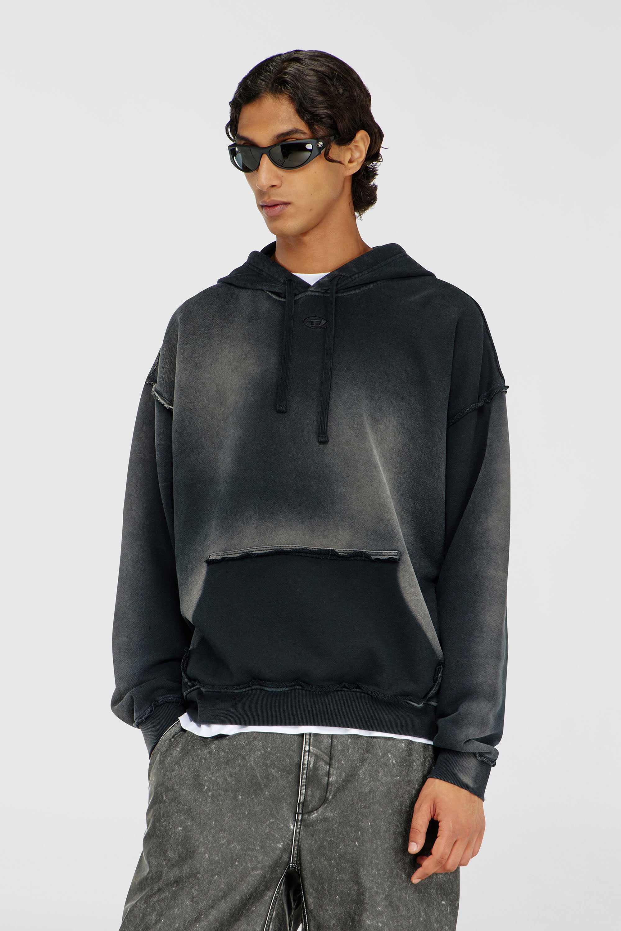 Diesel - S-POCK-HOOD, Man's Faded cotton hoodie with frayed details in Black/Grey - 3