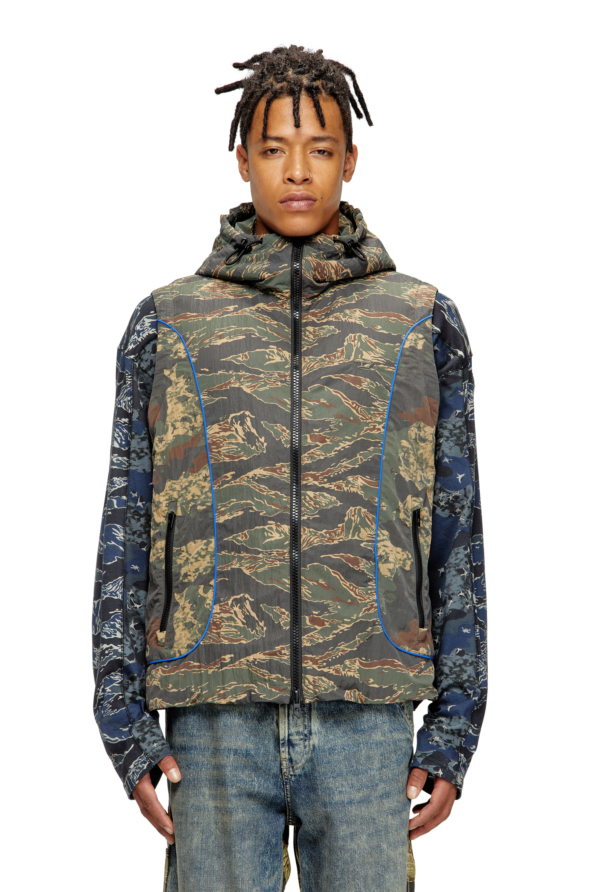 J-OSTEND-SL-CAMU, Blue/Green Diesel - J-OSTEND-SL-CAMU, Man's Hooded vest with mixed camo prints in Blue/Green - 3
